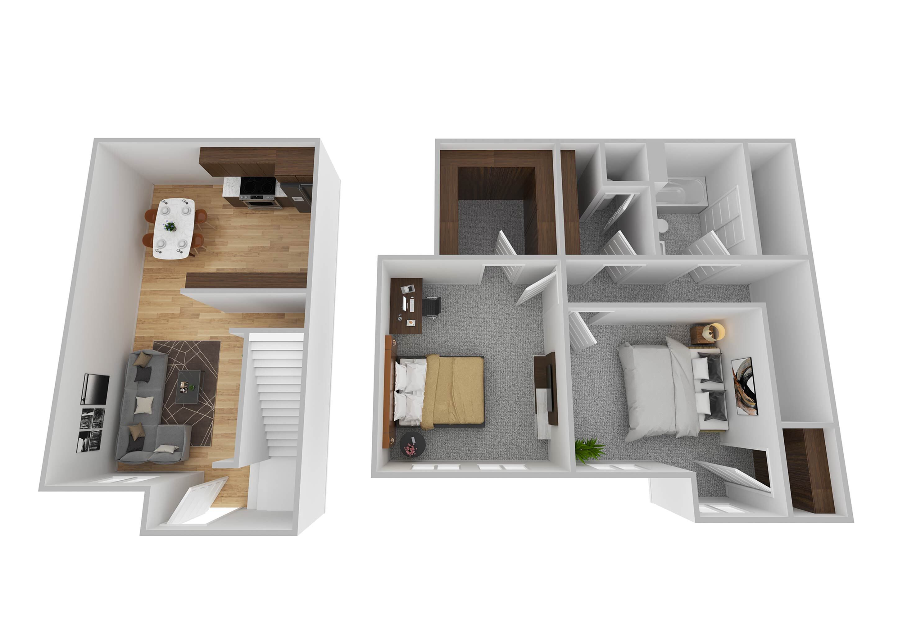 Modern two-level 3D floor plan showcasing a stylish kitchen-dining area, cozy living room, and two spacious bedrooms with shared bathroom.