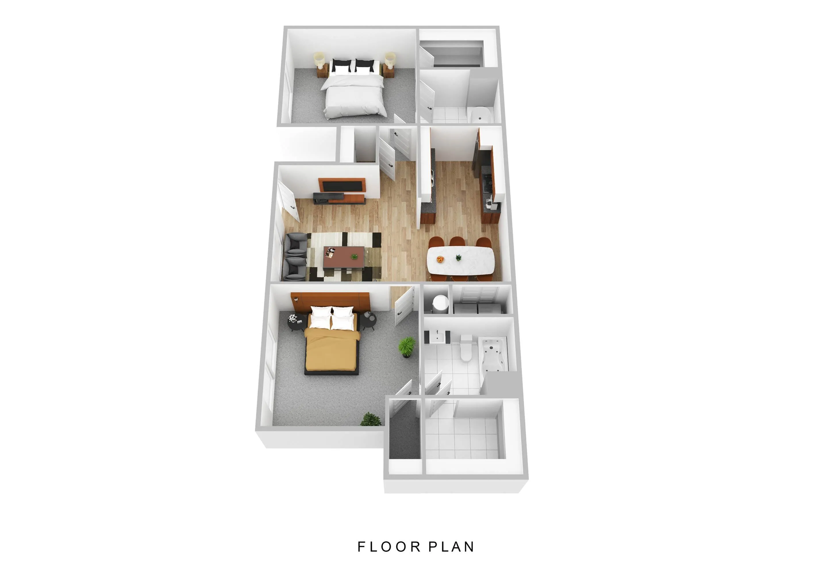 Modern floor plan showcasing 2 bedrooms, stylish living area, sleek kitchen, and luxurious bathrooms, perfect for contemporary living.