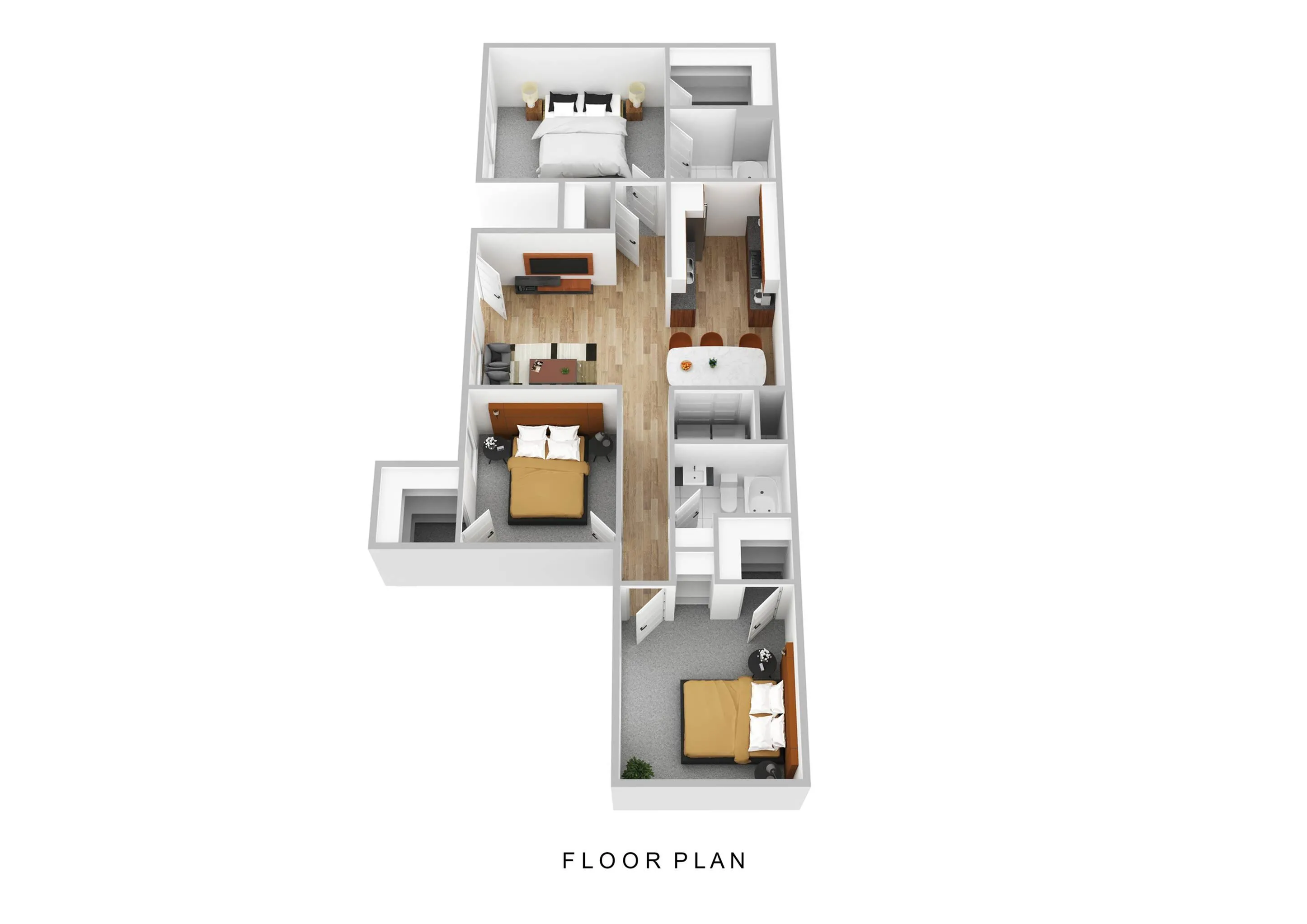 Contemporary floor plan showcasing 3 bedrooms, a cozy living area, and a sleek kitchen with a breakfast bar.
