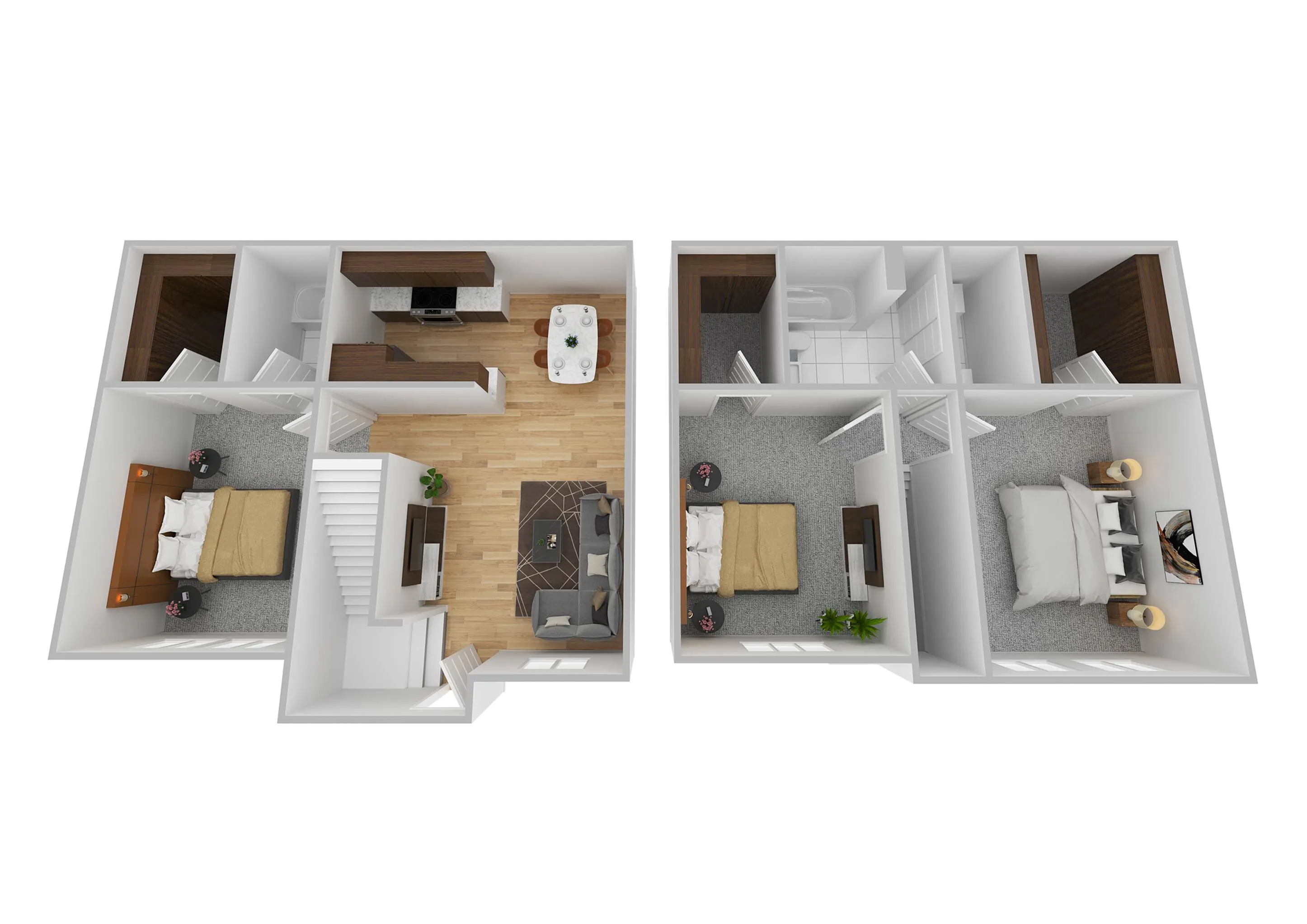Modern 3D floor plan showcasing a two-level apartment with three bedrooms, a cozy living area, a stylish kitchen, and two bathrooms.