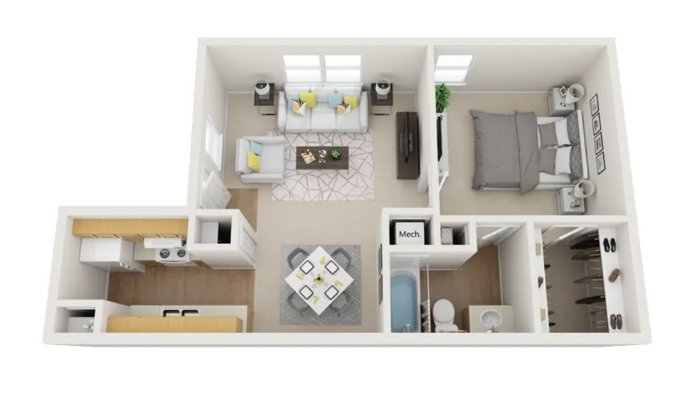 Modern open floor plan showcasing a cozy one-bedroom apartment with a stylish living area, compact kitchen, and inviting dining space.