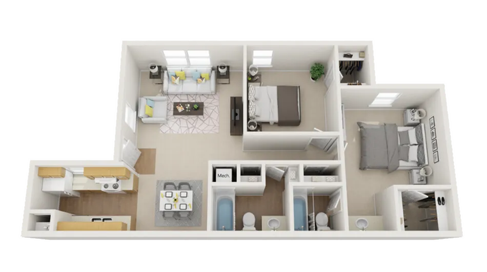 Modern 2-bedroom apartment floor plan featuring an open-concept living room, stylish kitchen, and two bathrooms.