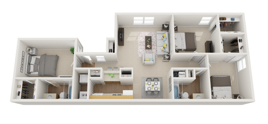 Modern 3D floor plan showcasing 3 spacious bedrooms, a stylish open-concept living and dining area, and a contemporary kitchen.