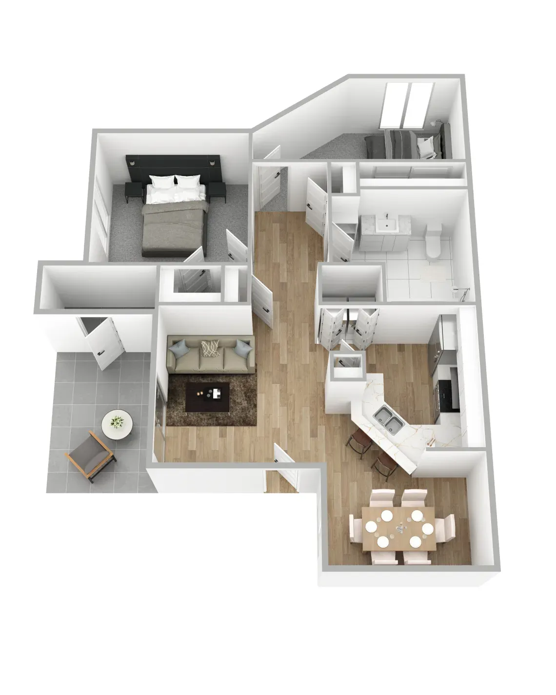 3d floorplan of 2 bed 1 bath floorplan apartment