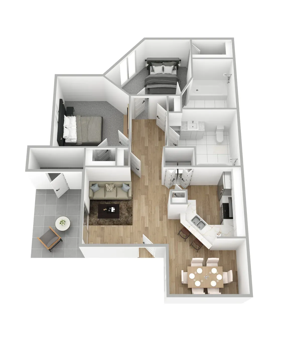 3d floor plan of 2 bedroom 2 bathroom apartment unit