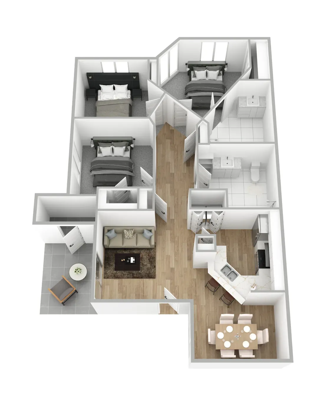 3d floor plan of 3 bedroom 2 bathroom apartment floor plan