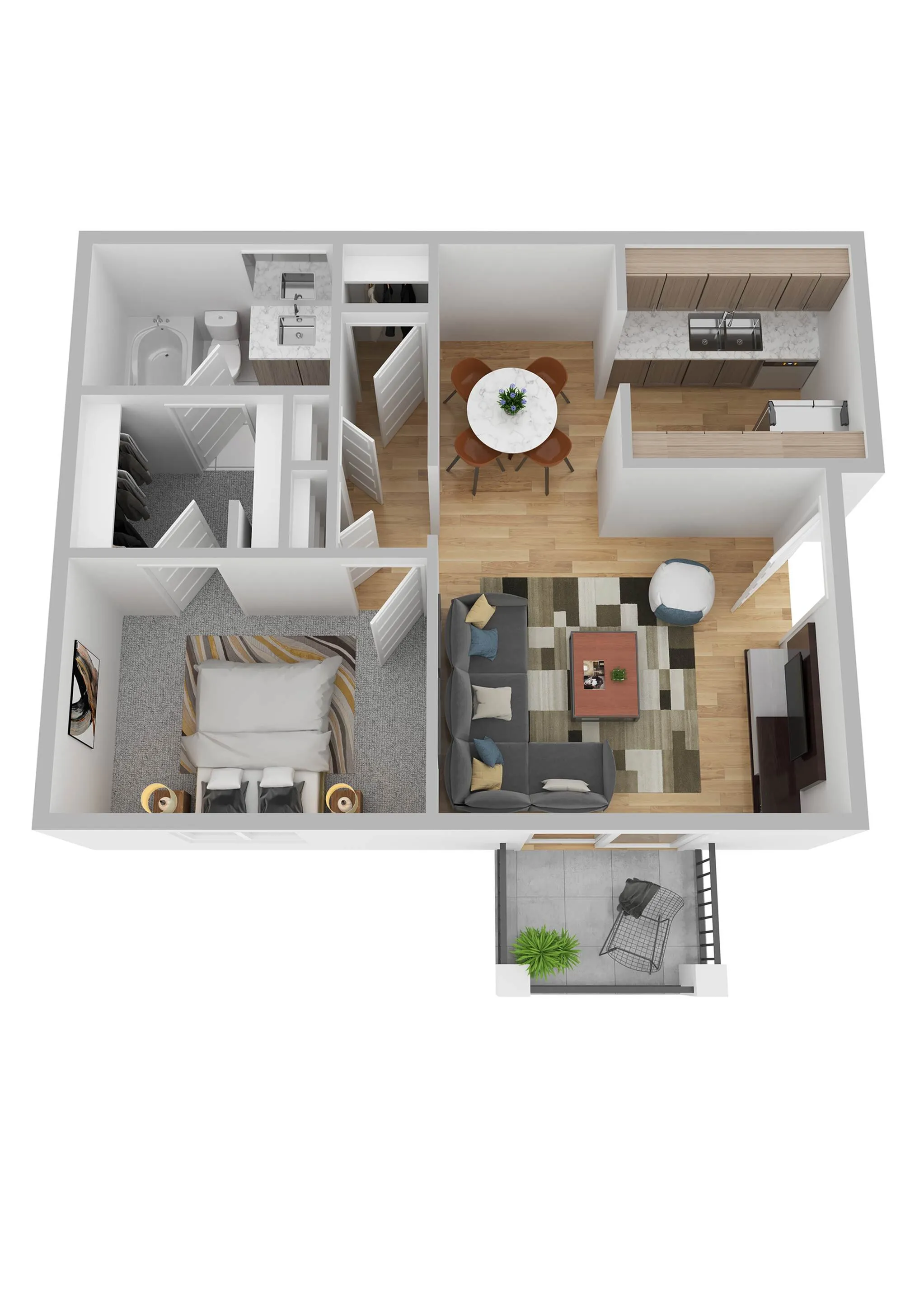 Modern 3D floor plan showcasing a cozy one-bedroom apartment with an inviting living area, sleek kitchen, stylish dining space, and a charming balcony.