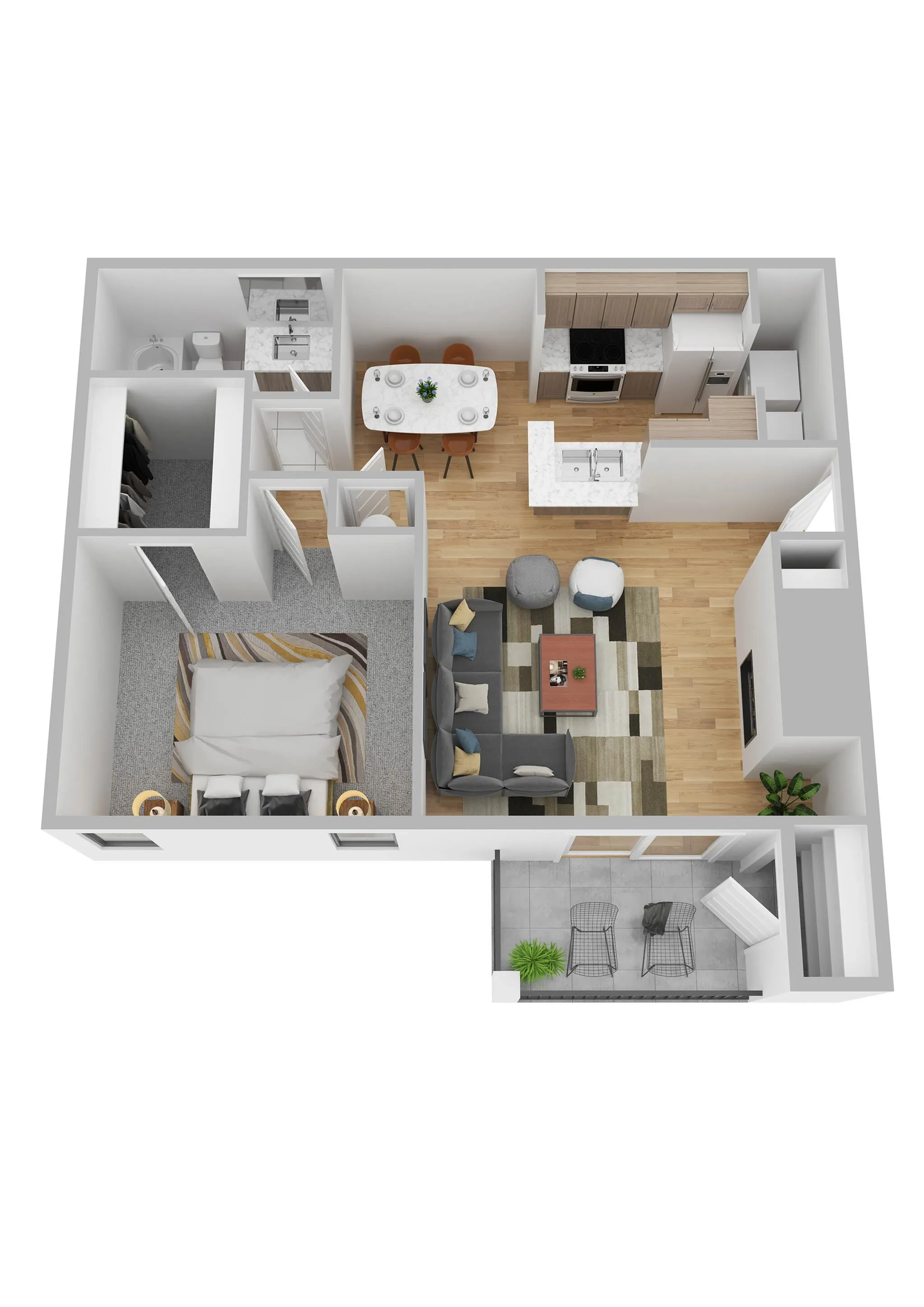 Charming 3D floor plan showcasing a cozy one-bedroom apartment with modern kitchen, elegant dining area, inviting living room, and private balcony.