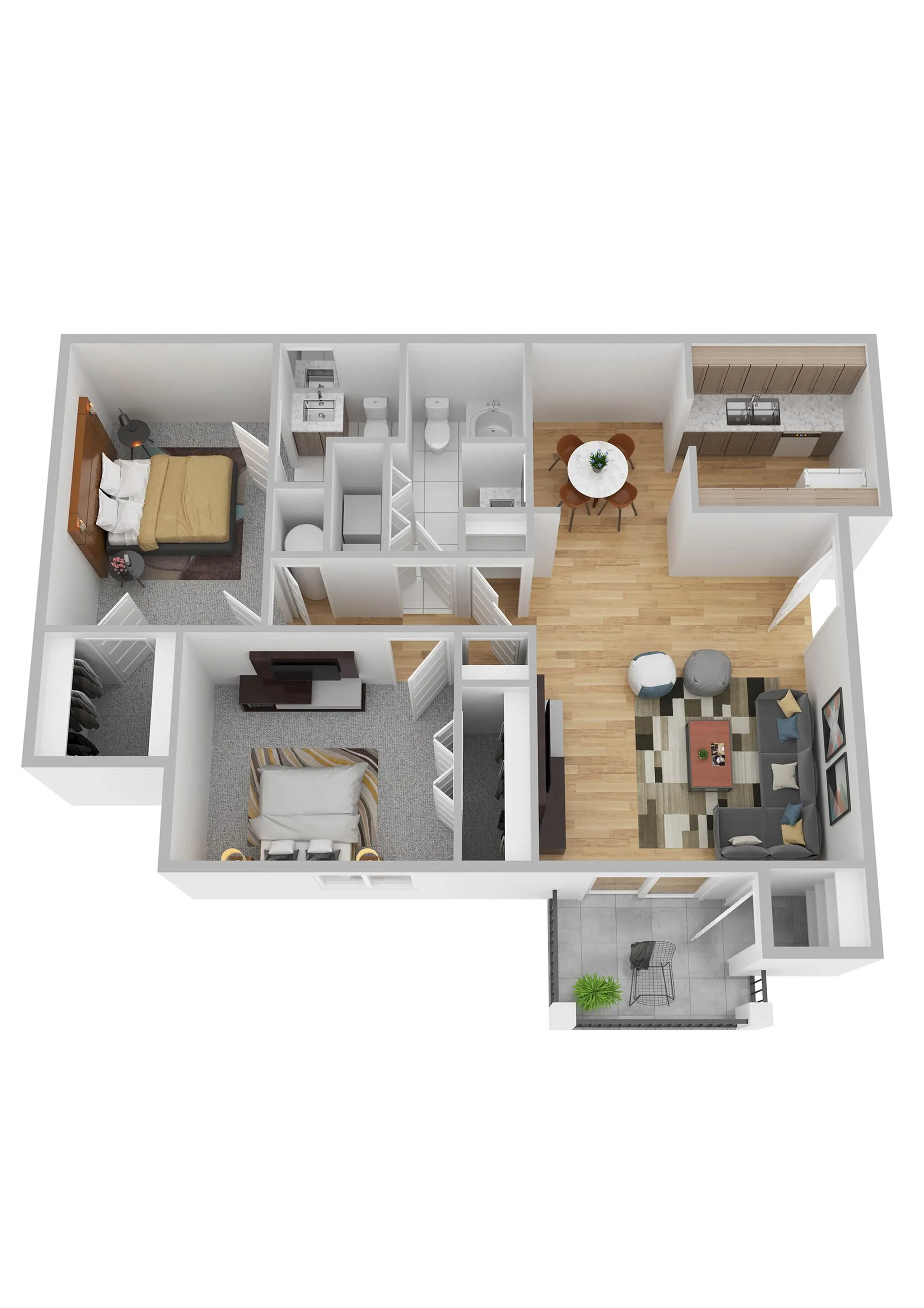 Contemporary 3D apartment layout with two cozy bedrooms, a modern kitchen, open dining area, inviting living room, and private balcony.