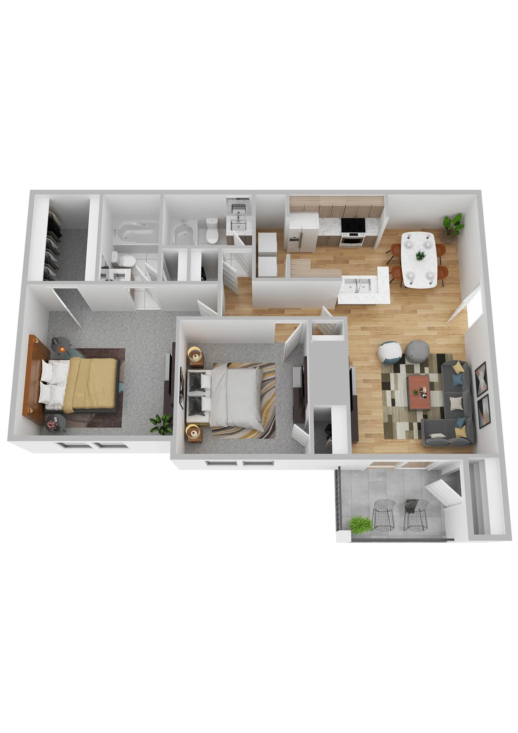 Modern 3D floor plan showcasing 2 bedrooms, a cozy open-concept living area, and a sleek kitchen connected to a stylish dining space.