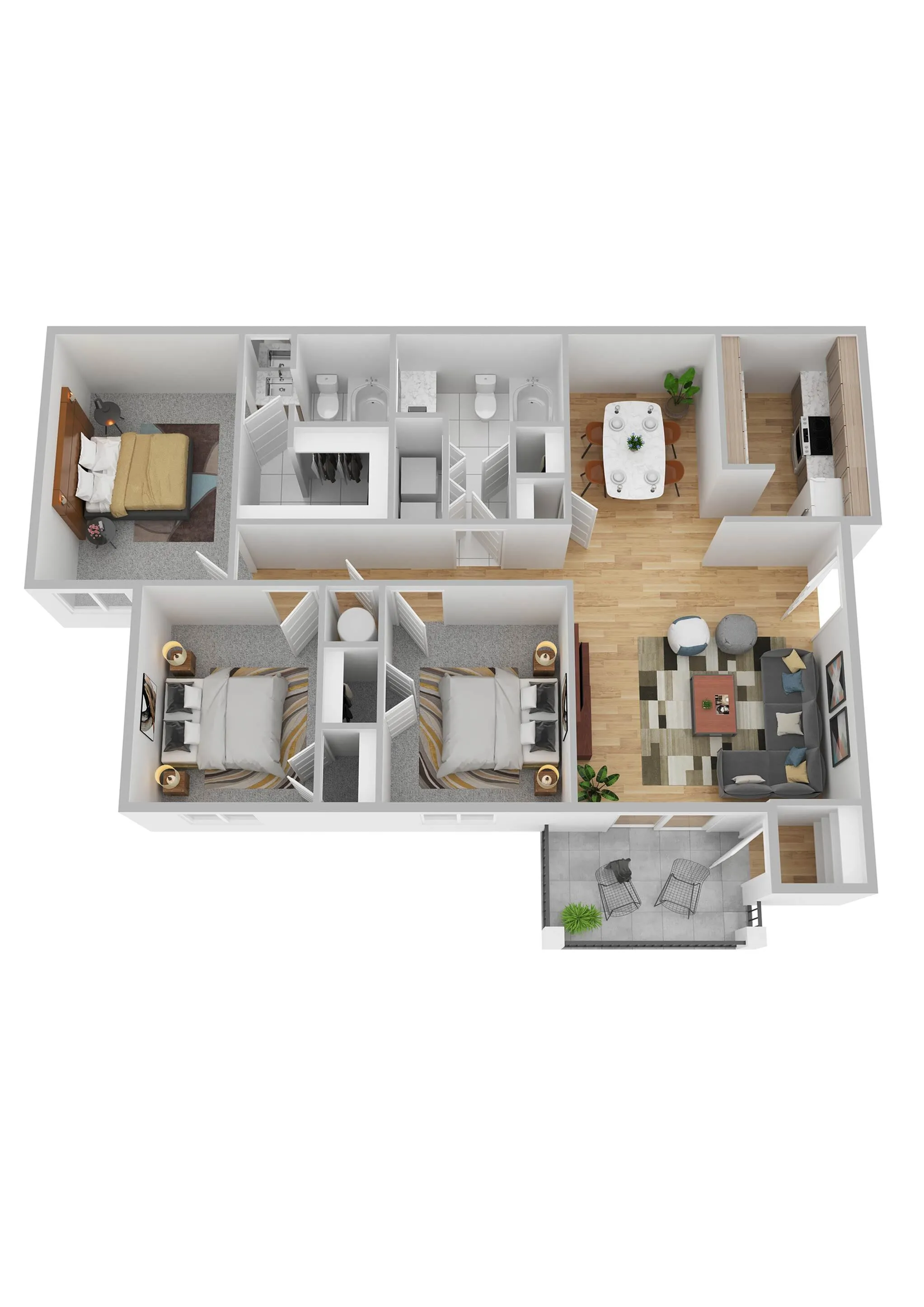Contemporary 3D floor plan highlighting 3 bedrooms, modern kitchen, cozy living area, and private balcony.