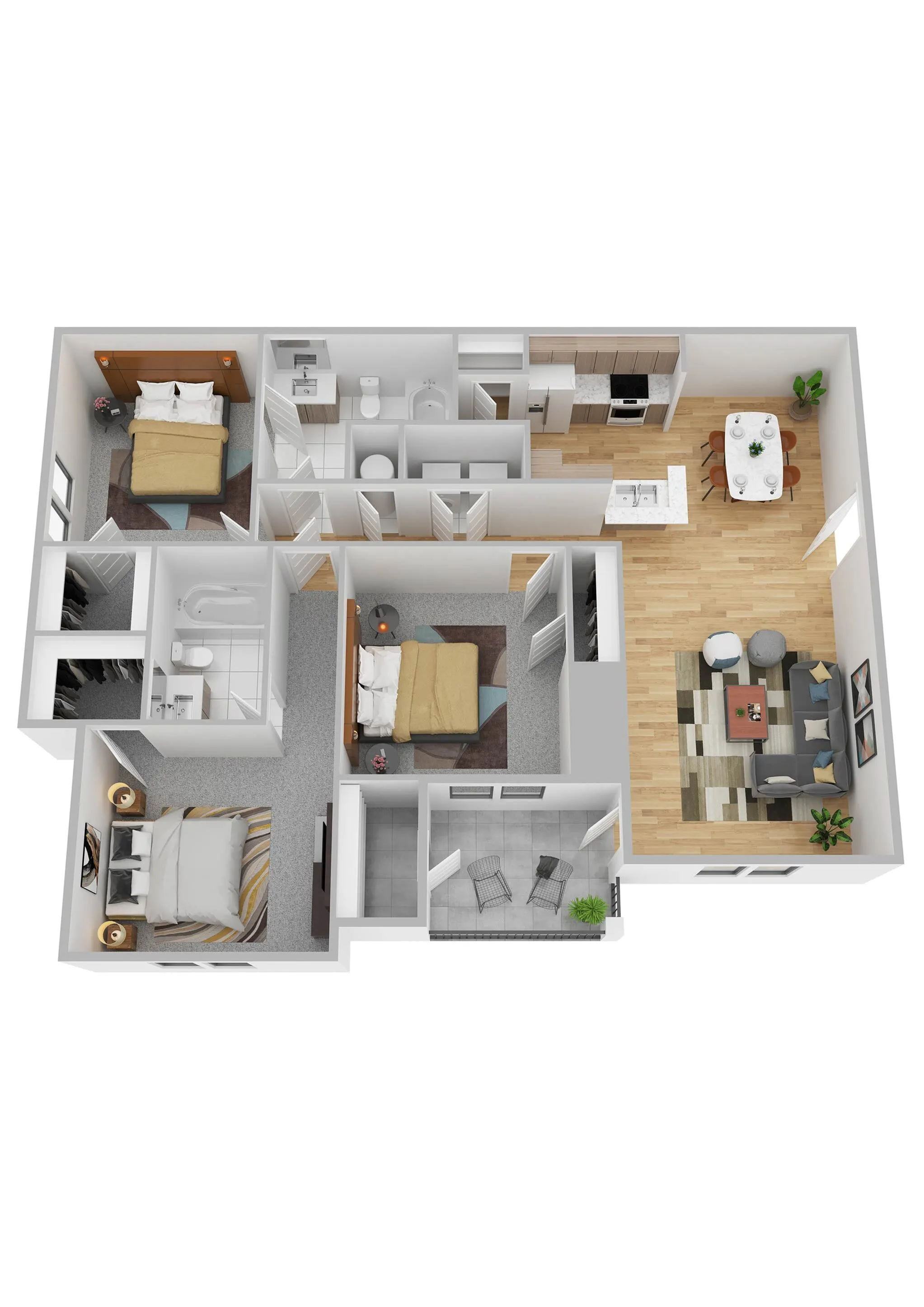 Modern 3D floor plan showcasing 3 cozy bedrooms, a stylish open-concept living area, and a sleek kitchen. Features include a spacious balcony and two well-appointed bathrooms, ideal for contemporary living.