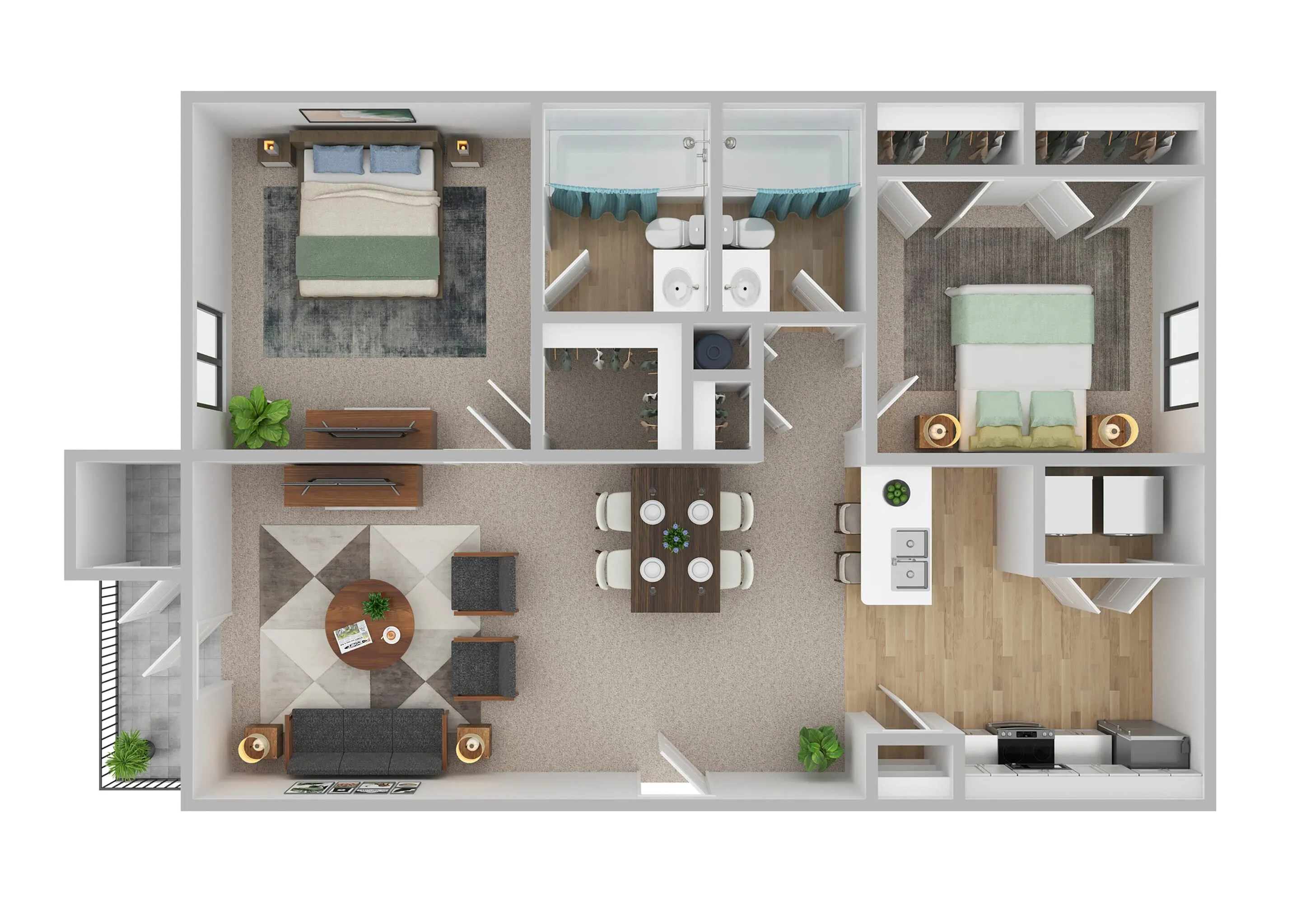 Elegant 3D floor plan showcasing 2 comfortable bedrooms, a modern kitchen, and a cozy open living-dining area with plenty of natural light.