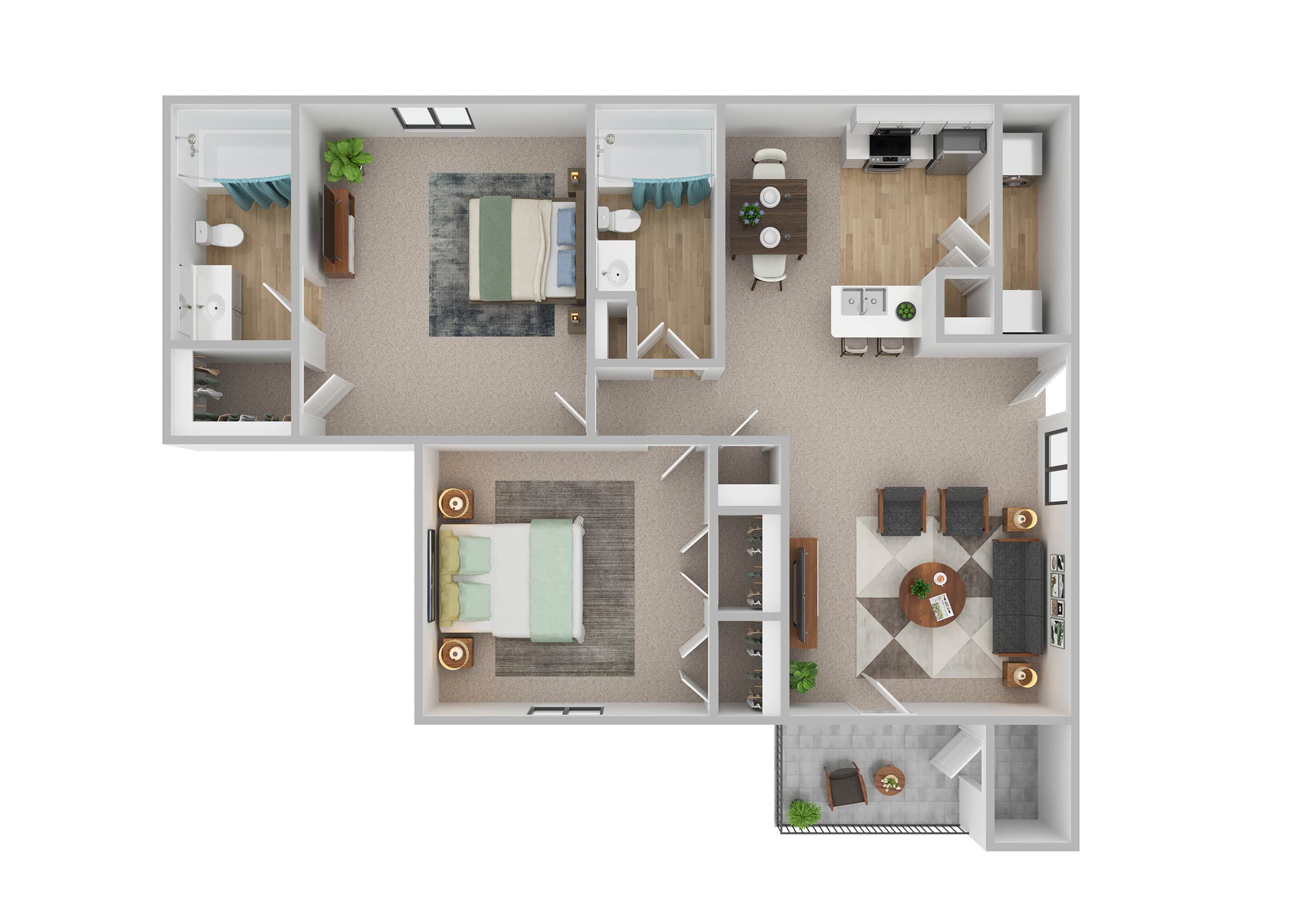 Modern 3D floor plan showcasing two spacious bedrooms, an open-concept living room, sleek kitchen, and two bathrooms, perfect for contemporary living.