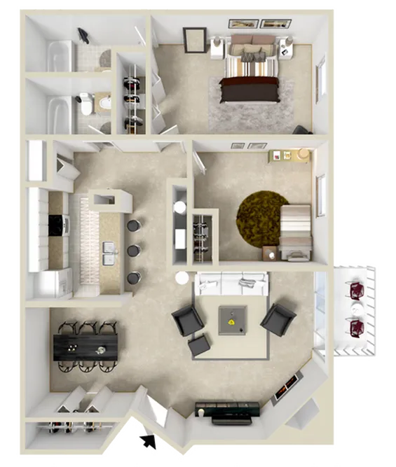 Modern floor plan showcasing 3 bedrooms, a spacious living room, open kitchen with bar seating, and elegant dining area.