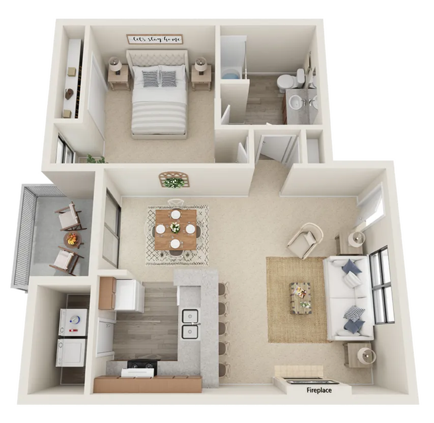 Charming 3D floor plan showcasing a cozy one-bedroom apartment with an open kitchen, inviting living area with a fireplace, stylish dining space, and a private balcony.