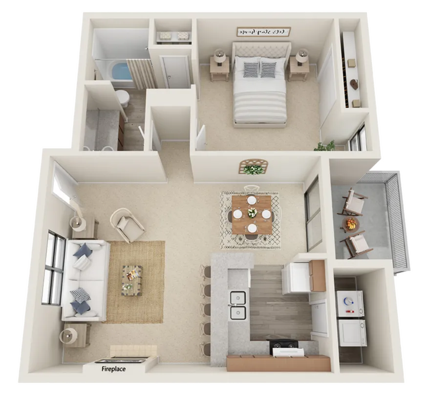 Inviting and modern floor plan featuring a spacious bedroom, cozy living area with fireplace, elegant kitchen, and a charming balcony.