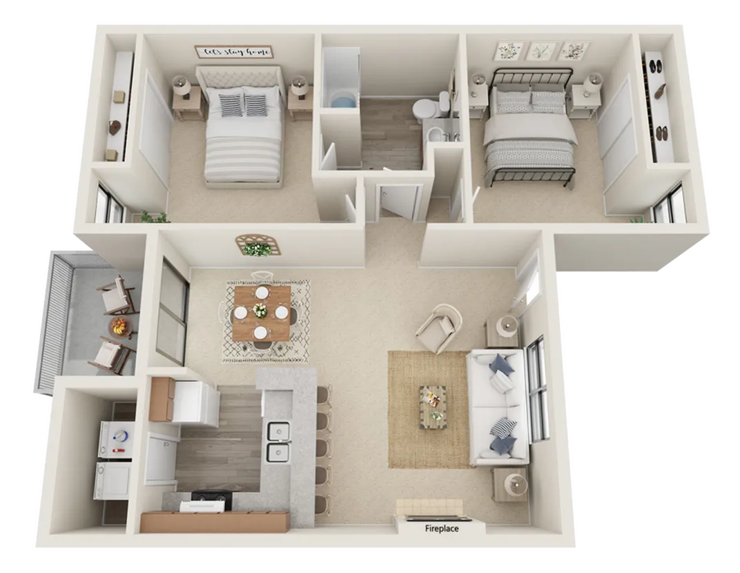 Bright and modern 2-bedroom apartment floor plan featuring a cozy living room with a fireplace, open dining area, contemporary kitchen, and two spacious bedrooms, perfect for a stylish living experience.