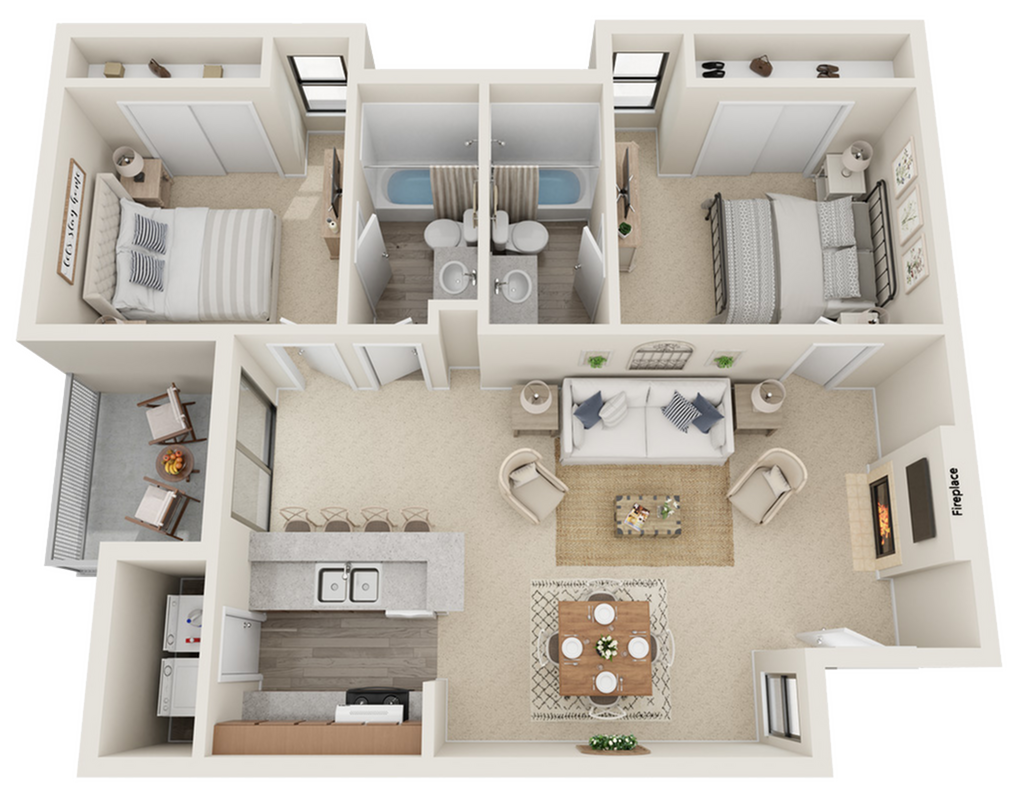 Elegant 3D floor plan with 2 cozy bedrooms, modern kitchen, inviting living area, and a charming dining space.