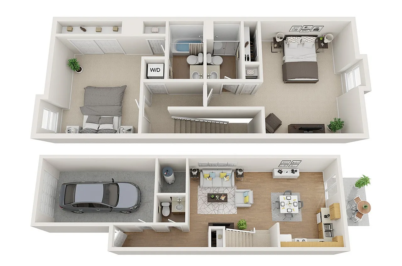 Charming multi-level floor plan featuring 2 spacious bedrooms, 2 bathrooms, an open-concept living and dining space, modern kitchen, and attached garage.