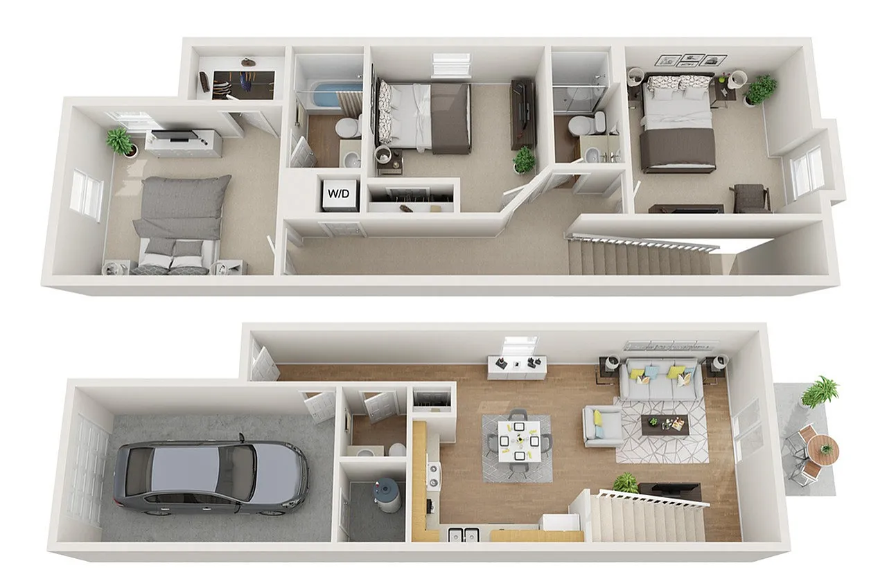 Modern two-story floor plan featuring 3 bedrooms, a welcoming living room, stylish kitchen, and a spacious garage.