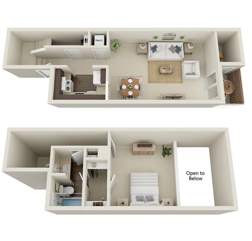 Modern 3D floor plan showcasing a spacious two-level layout with stylish living room, dining area, kitchen, bedroom, and bathroom.