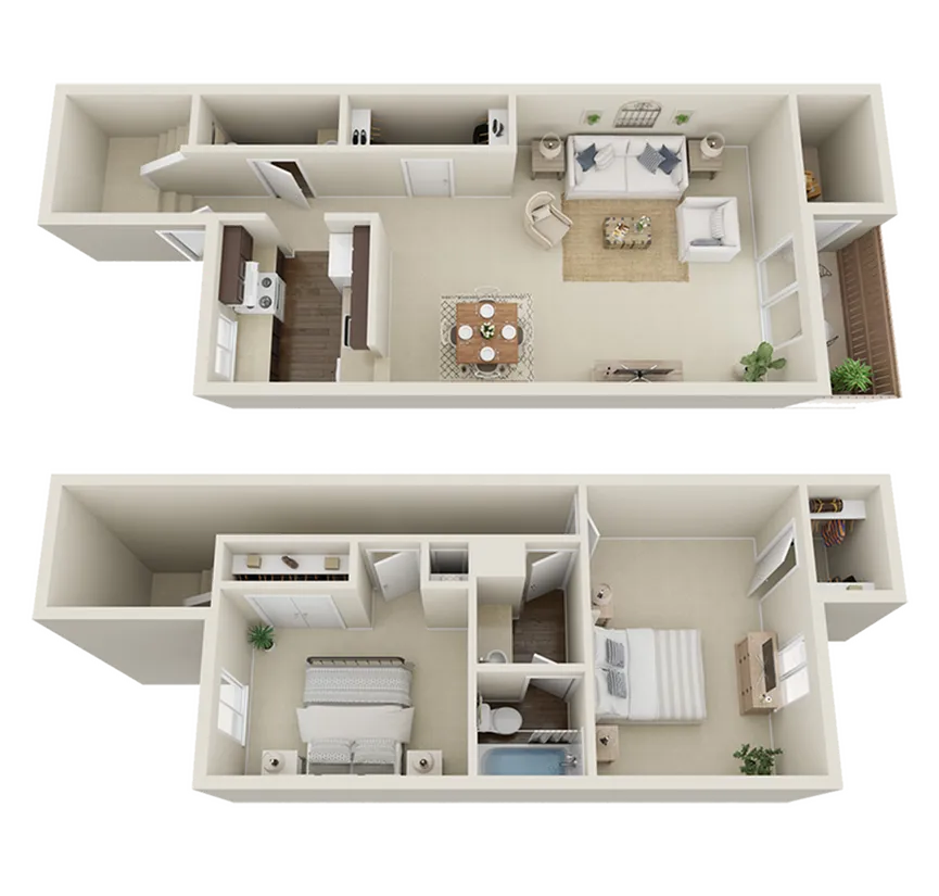 Elegant two-story floor plan showcasing a modern open-concept living and dining area, a cozy kitchen, and a serene bedroom suite with an en-suite bathroom.
