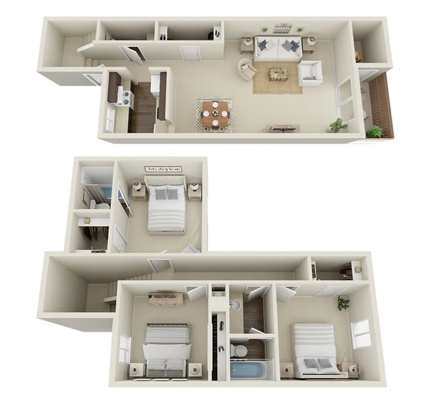 Modern 3D floor plan showcasing a spacious open-concept living and dining area, a fully-equipped kitchen, and three cozy bedrooms.