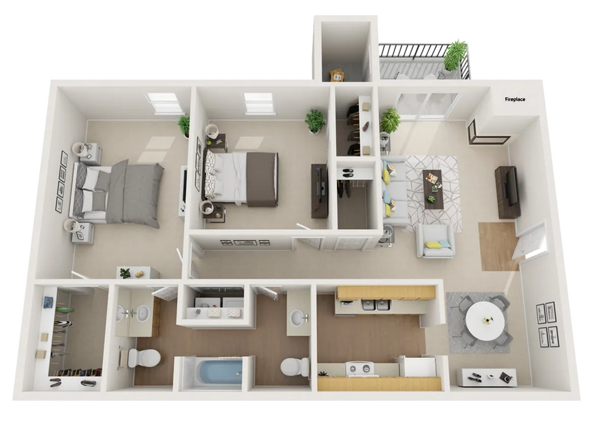 Modern 3D floor plan showcasing two cozy bedrooms, inviting living area with fireplace, and an efficient kitchen. Perfect blend of comfort and style with ample light and functional layout.