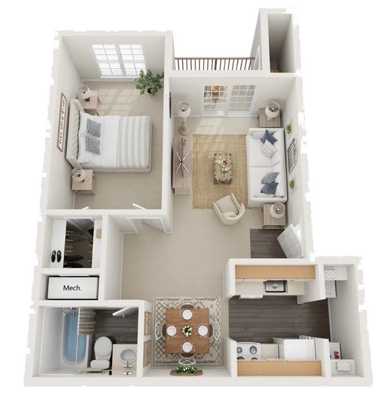 Modern 3D floor plan showcasing a cozy one-bedroom apartment with an inviting living room, dining area, sleek kitchen, and a well-designed bathroom.