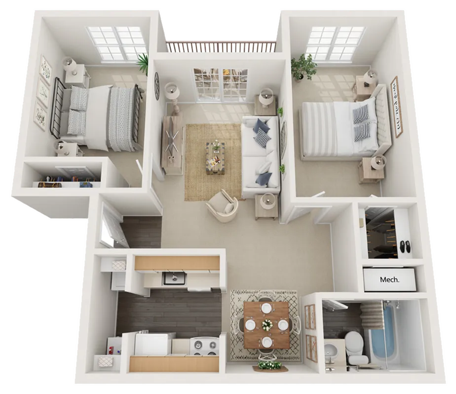 Charming 2-bedroom apartment floor plan featuring an open living and dining area, modern kitchen, and cozy bedrooms with ample natural light.