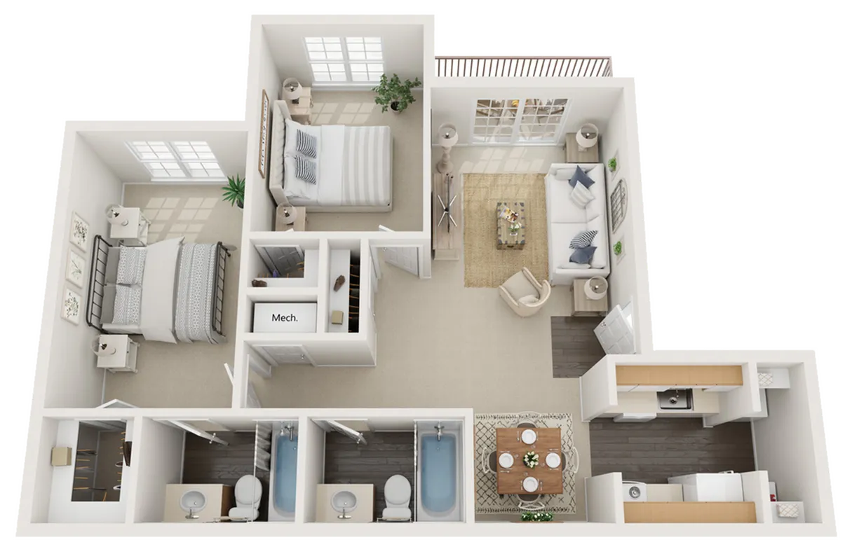 Charming 3D floor plan featuring 2 bedrooms, a cozy living room, a modern kitchen, and two bathrooms.