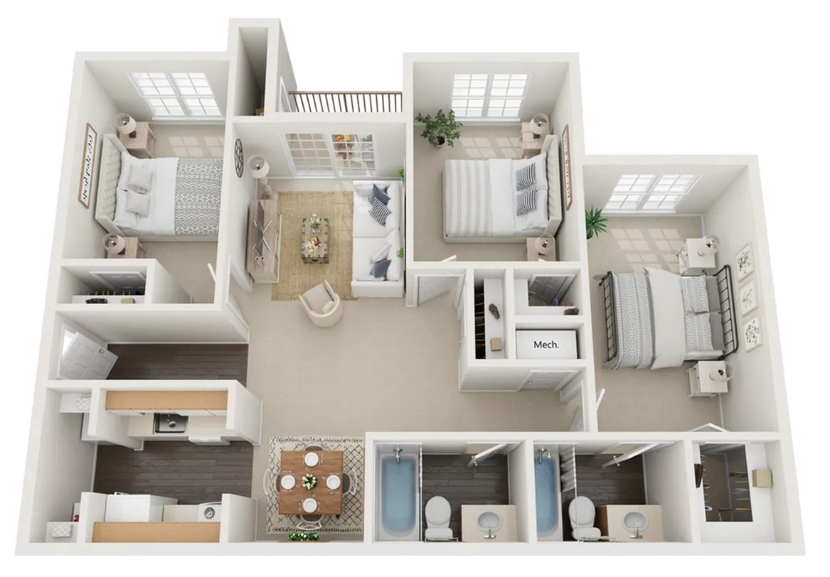 Modern 3D floor plan showcasing 3 spacious bedrooms, a cozy living area, and open kitchen with dining space, ideal for comfortable living.
