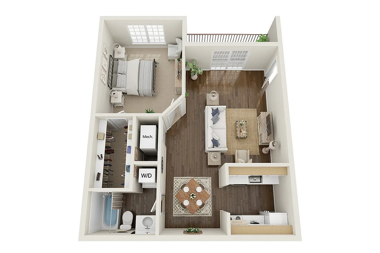 Chic 3D floor plan showcasing an elegant 1-bedroom apartment with a modern living area, compact kitchen, and a cozy balcony.