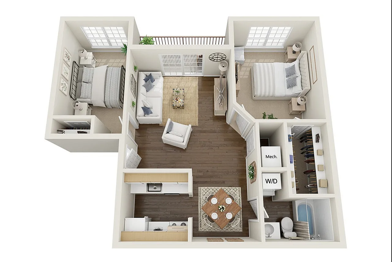 Chic 3D floor plan with 2 bedrooms, a cozy living area, modern kitchen, and convenient laundry space.