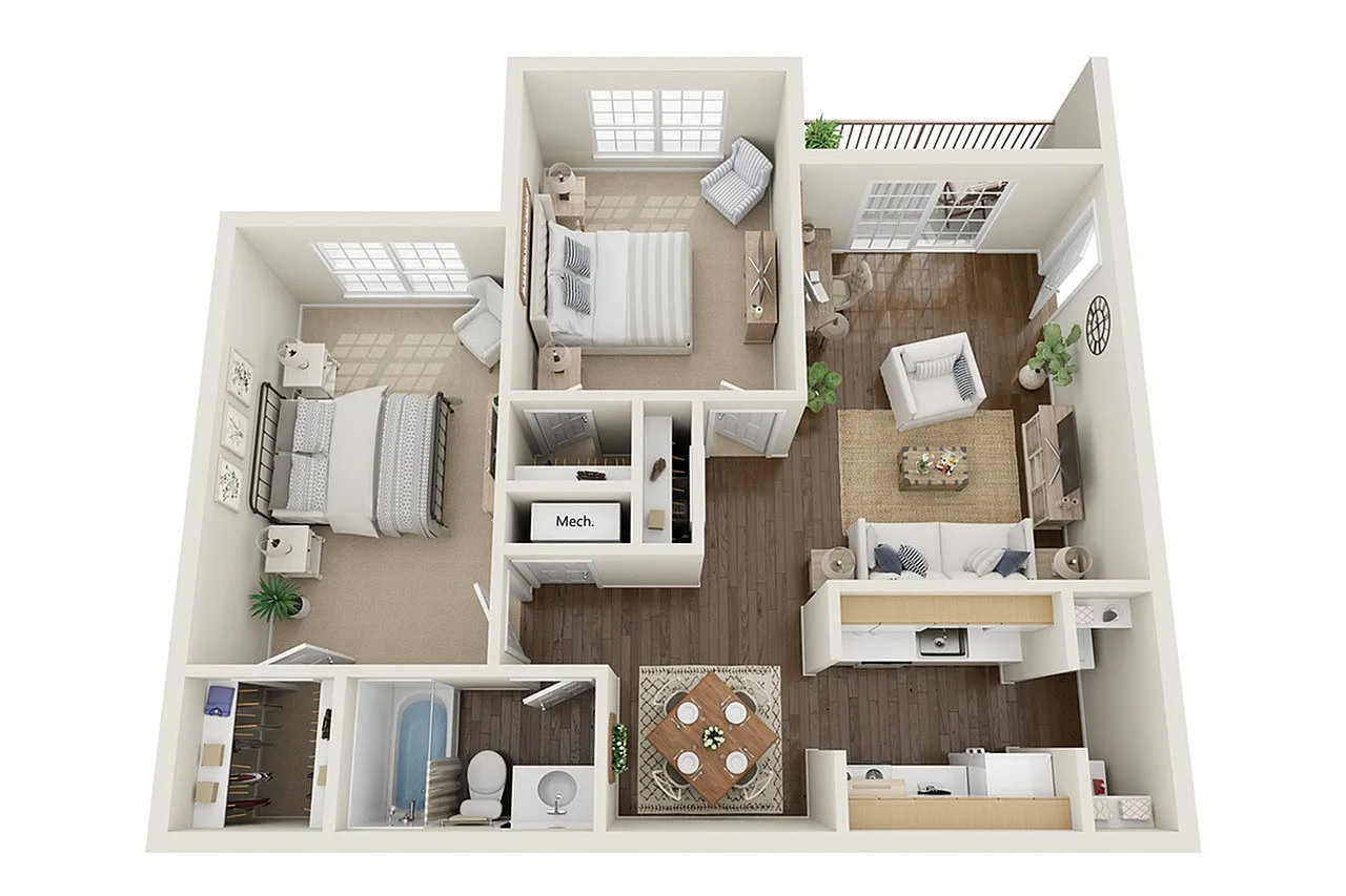 Modern 3D floor plan showcasing 2 spacious bedrooms, an elegant open living and dining area, and a contemporary kitchen with stylish finishes.