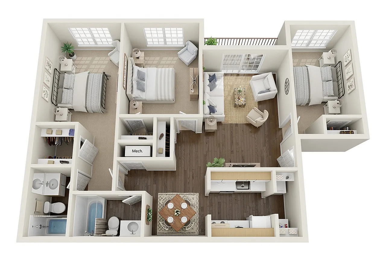 Charming 3D floor plan showcasing a spacious apartment with three bedrooms, a cozy living room, and modern kitchen.
