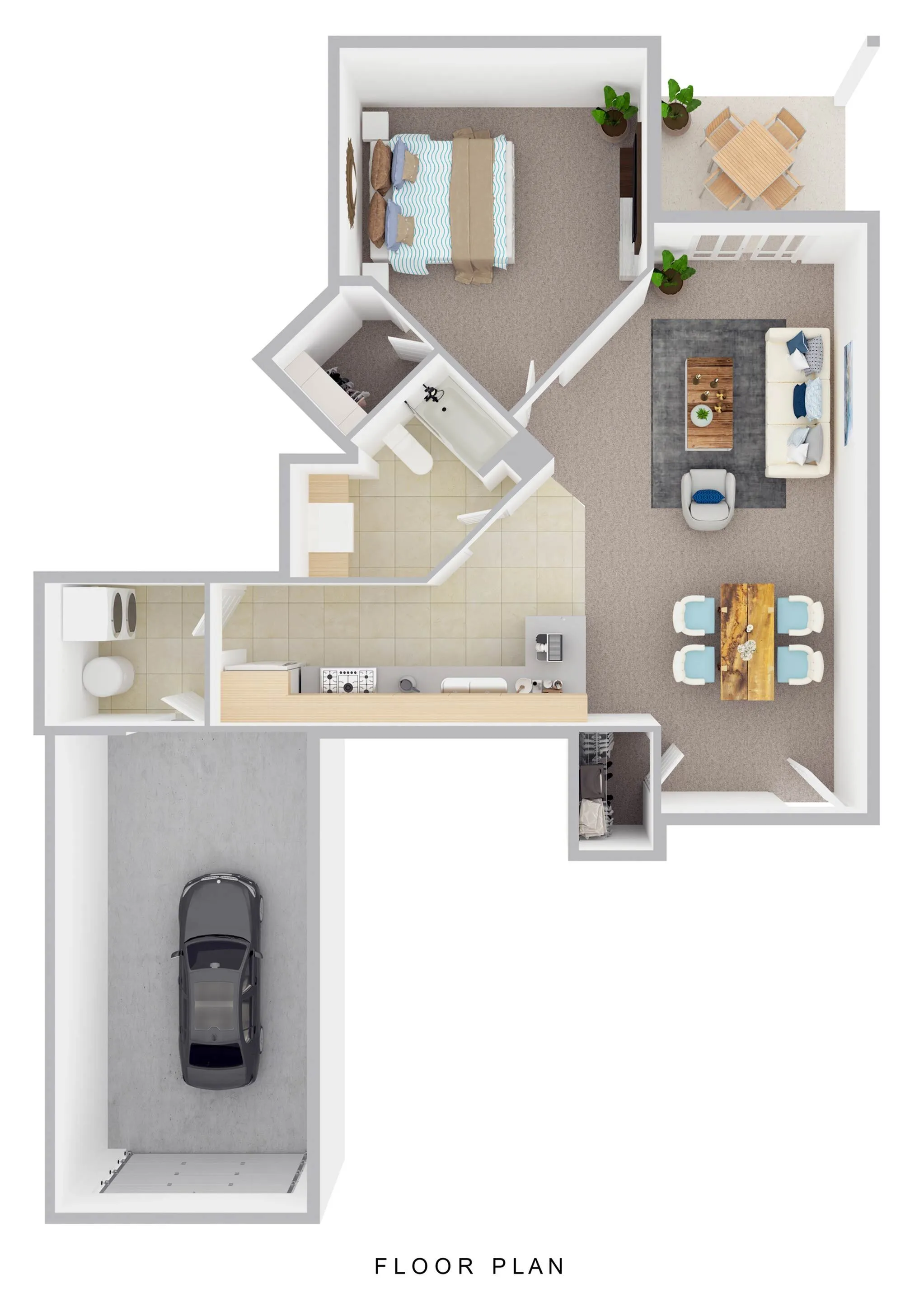 Modern floor plan showcasing a cozy one-bedroom apartment with a spacious living area, stylish kitchen, and attached garage.