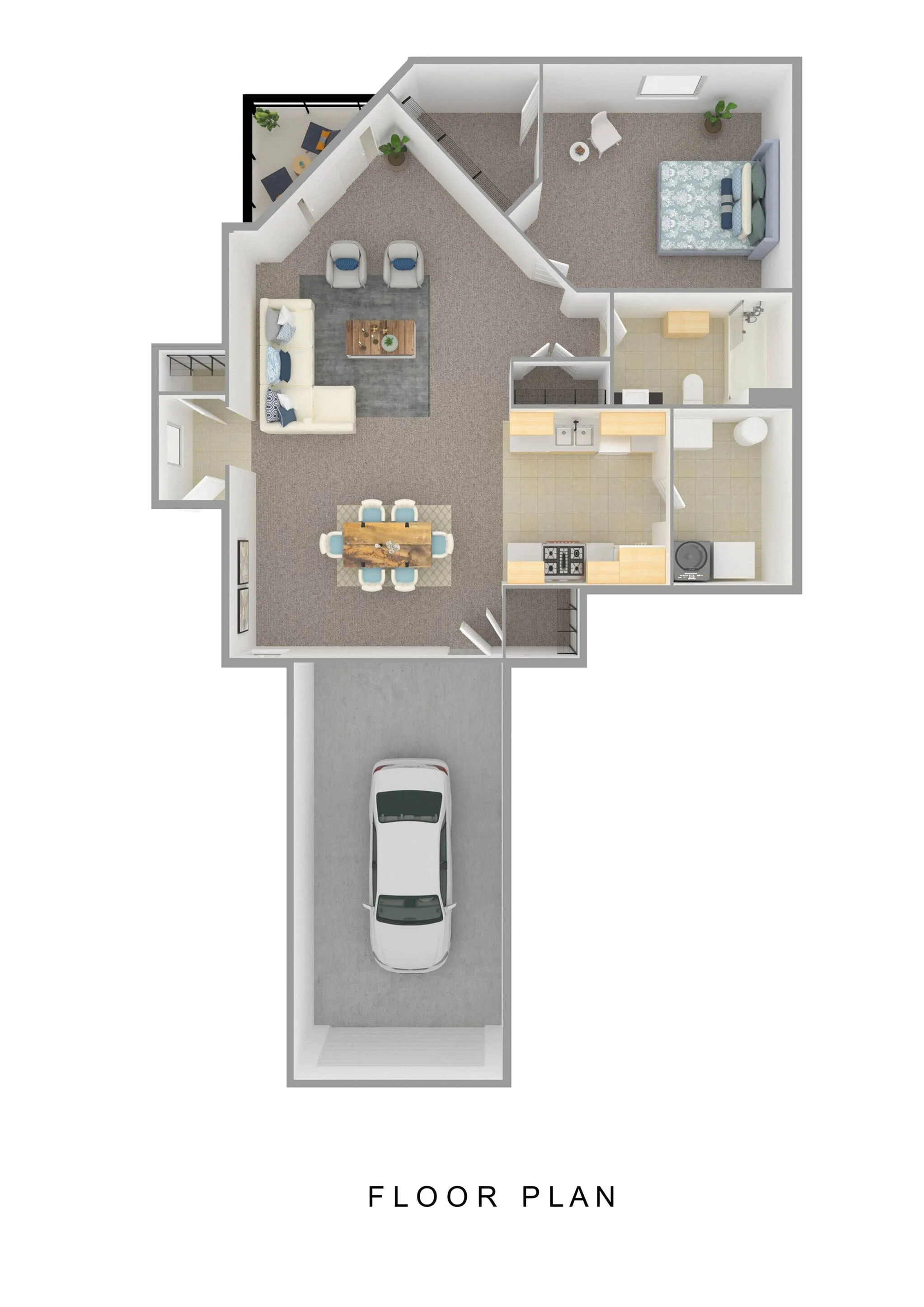 Bright and modern floor plan showcasing a single bedroom, open living area, stylish kitchen with island, and integrated garage.