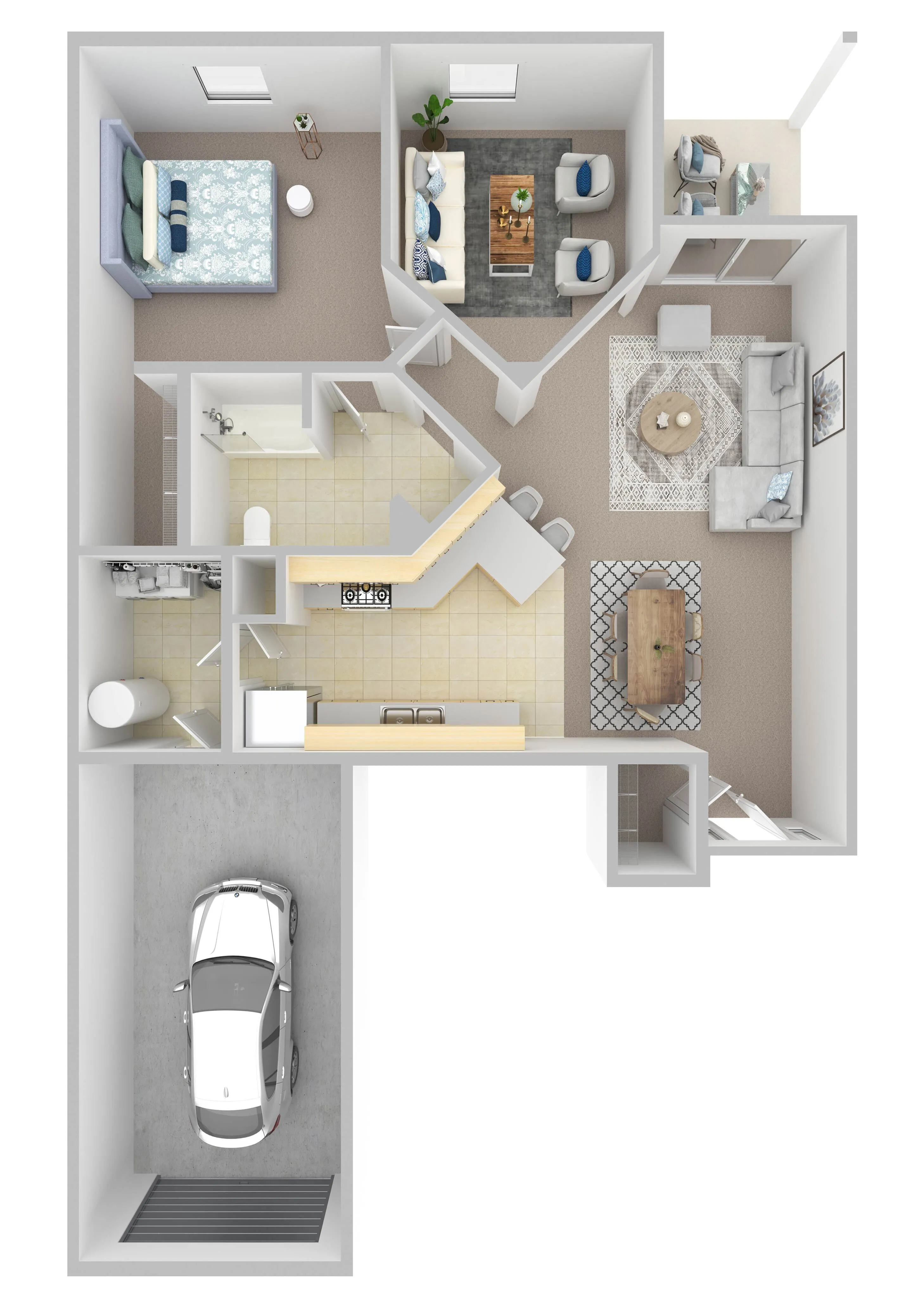 Modern 3D floor plan showcasing 1 bedroom, open living room, kitchen with breakfast bar, and attached garage.