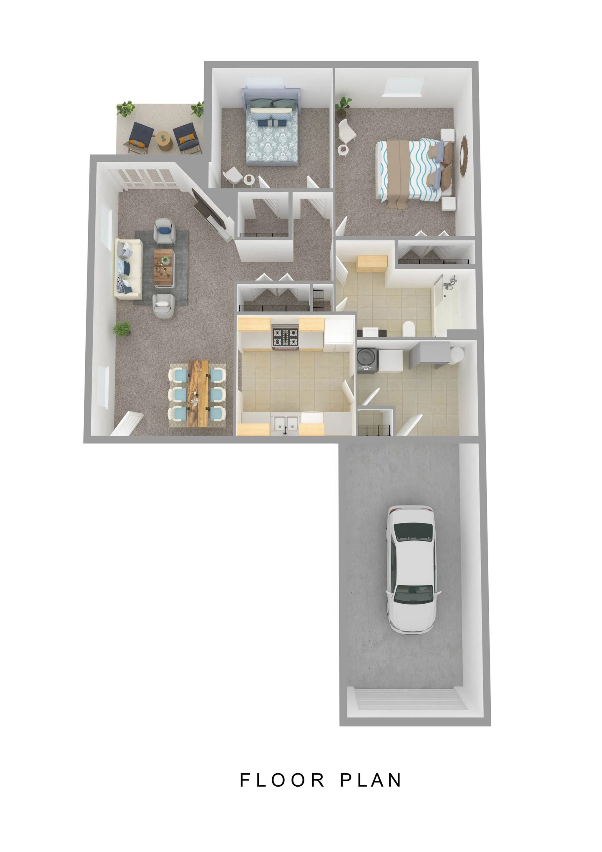 Modern 3D floor plan showcasing 2 bedrooms, a luxurious living room, open-plan kitchen, and a single-car garage.