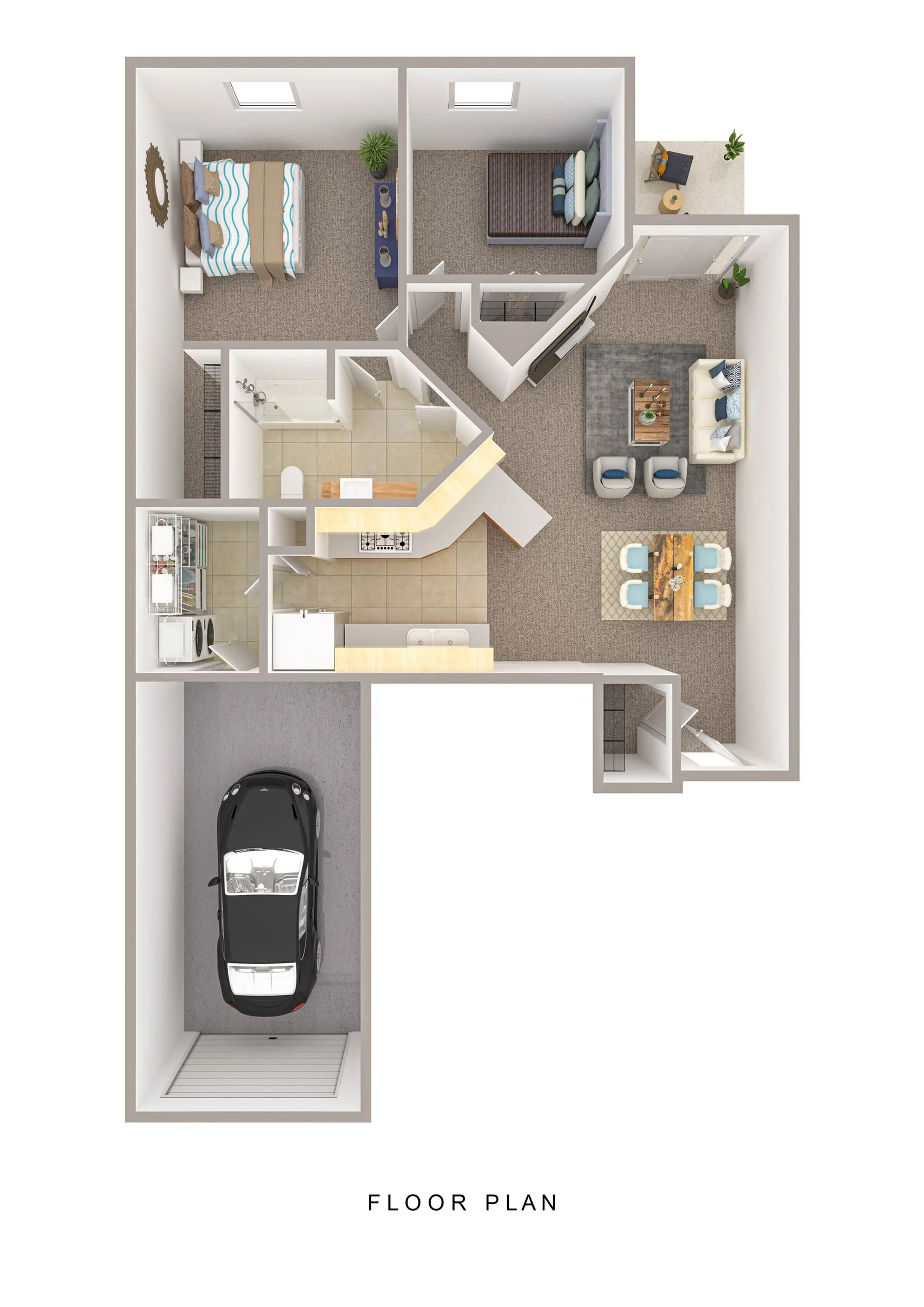 Modern 3D floor plan showcasing 2 bedrooms, cozy living room, stylish kitchen, and attached garage.