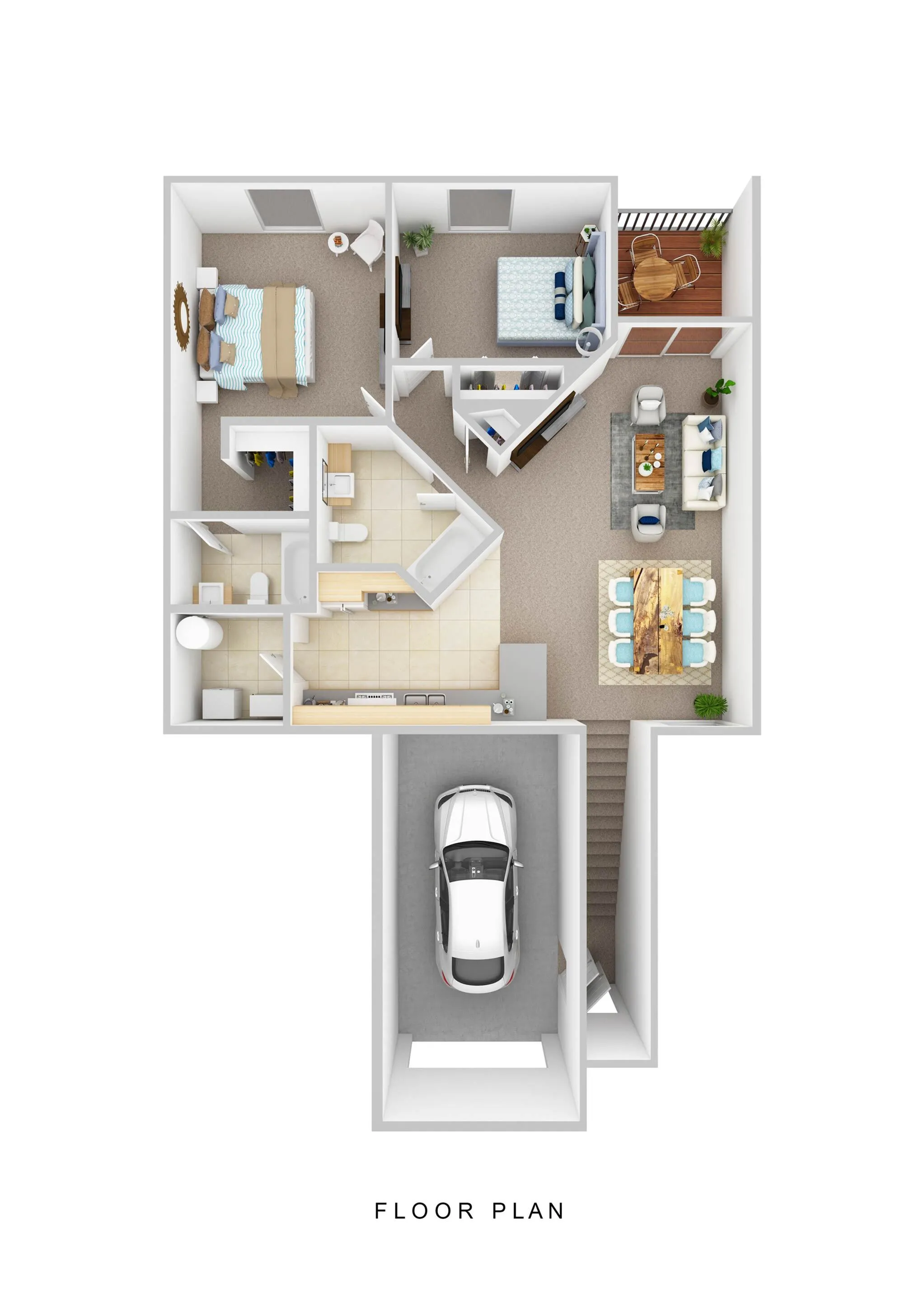 Chic 3D floor plan showcasing modern 2-bedroom, 1-bath layout with open-concept living and dining area, sleek kitchen, balcony, and garage.