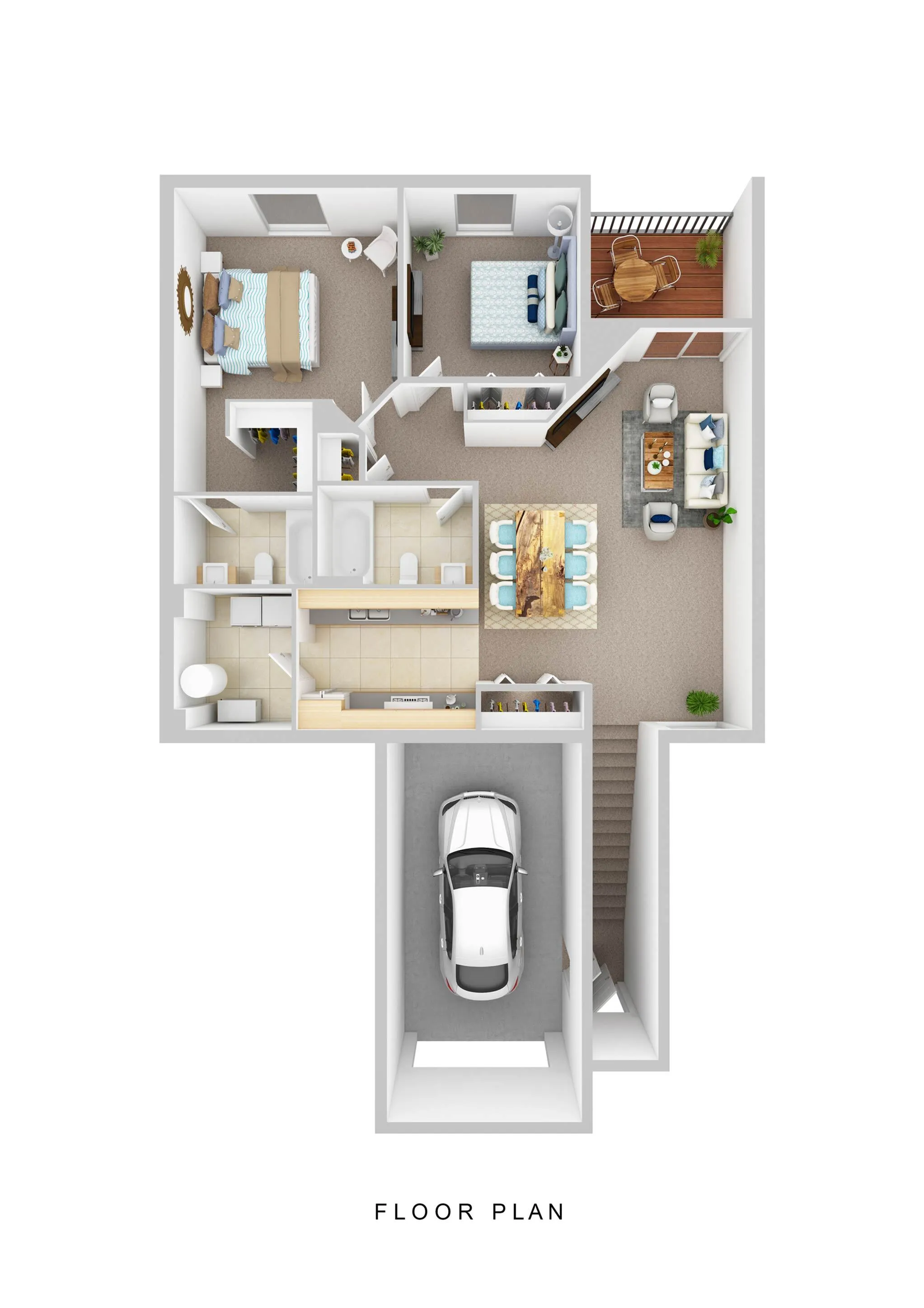 Modern 3D floor plan showcasing 2 bedrooms, open-concept living and dining area, sleek kitchen, and private balcony; includes attached garage for convenience.