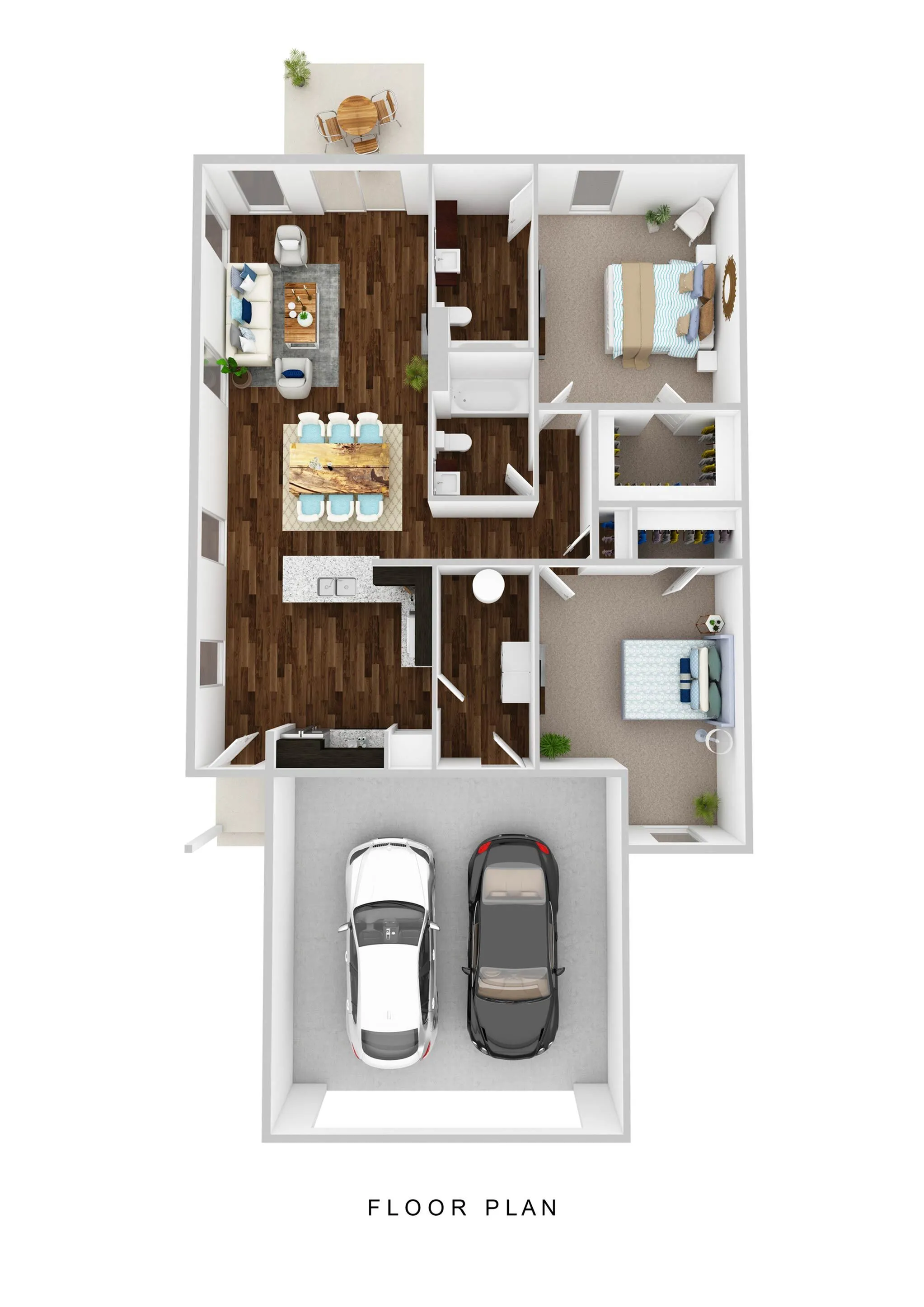 Modern floor plan with two cozy bedrooms, a spacious open-concept kitchen and living area, and a sleek two-car garage.