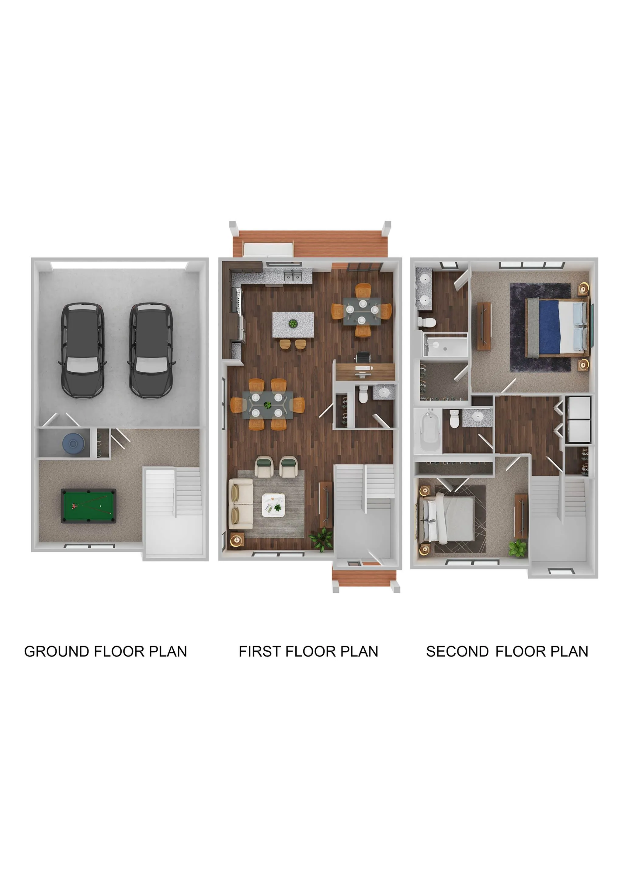 Elegant multi-level floor plan showcasing a two-car garage, entertainment room with pool table, spacious open-concept kitchen and living area, and three cozy bedrooms.