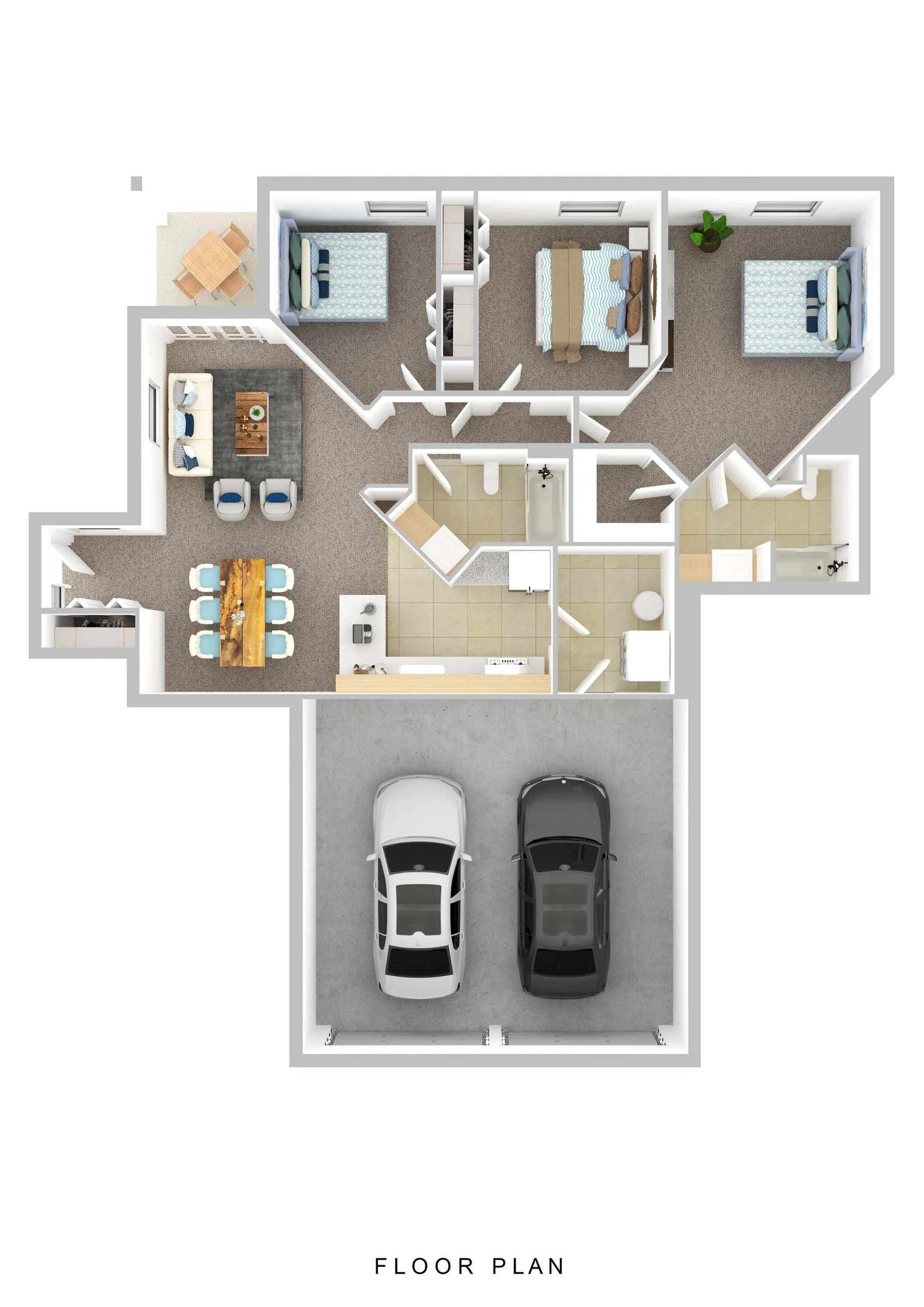Modern floor plan with 3 bedrooms, cozy living area, elegant kitchen, and a two-car garage.