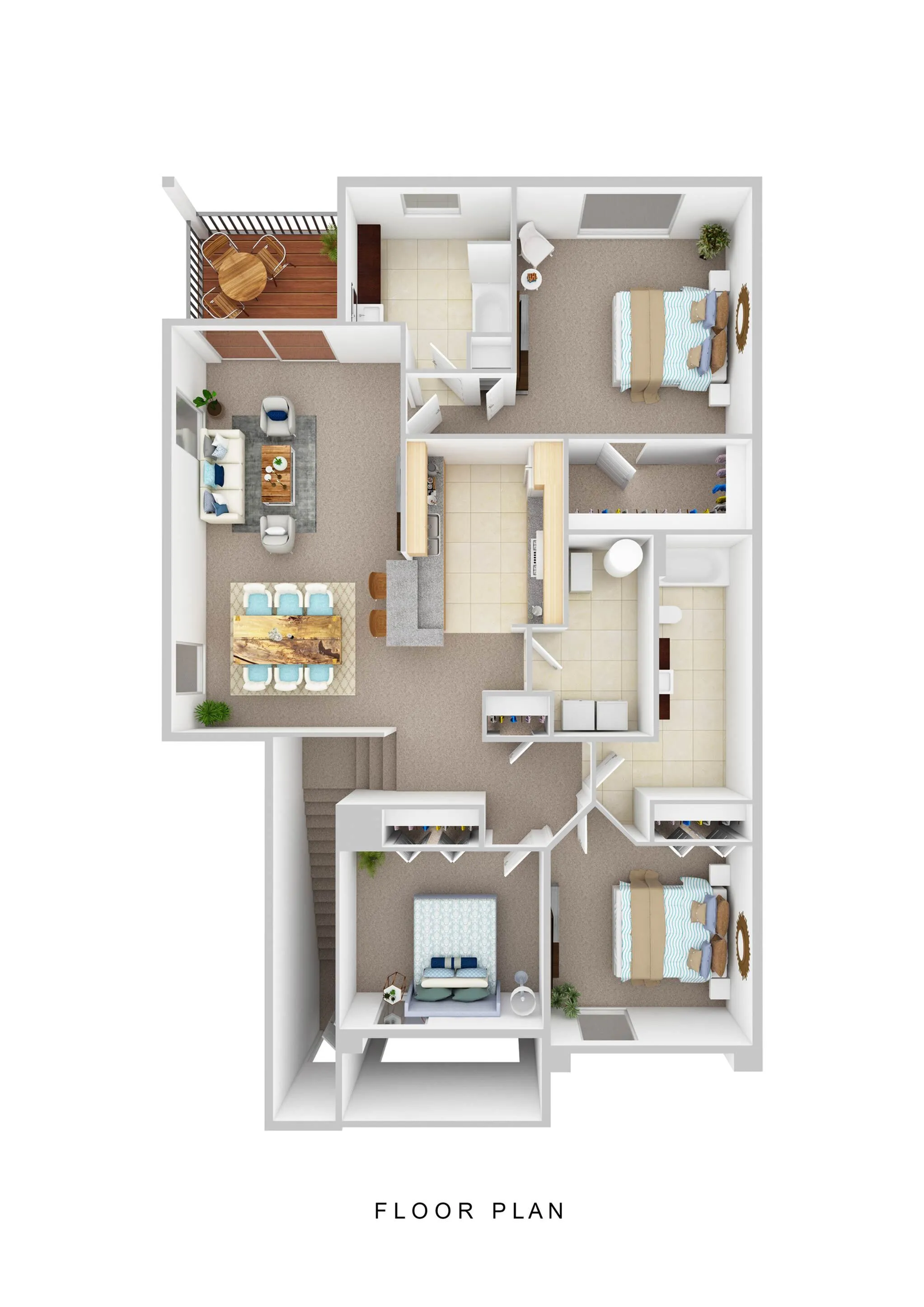 Modern floor plan featuring 3 spacious bedrooms, an open-concept living and dining area, a sleek kitchen, and a cozy balcony for relaxation.