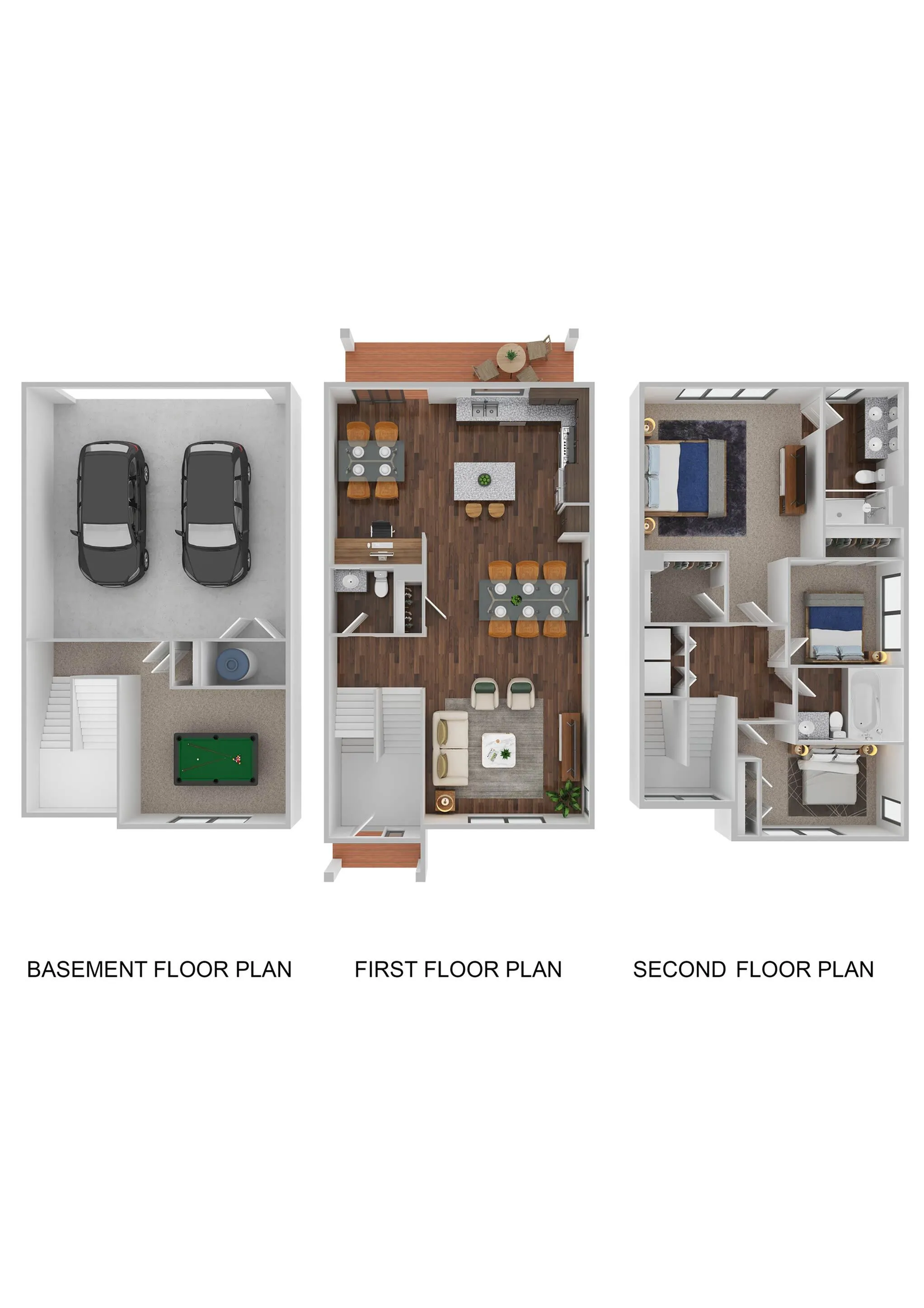 Modern multi-level floor plan showcasing a basement with a two-car garage and entertainment area, a first floor with an open-concept kitchen and living space, and a second floor with three cozy bedrooms.