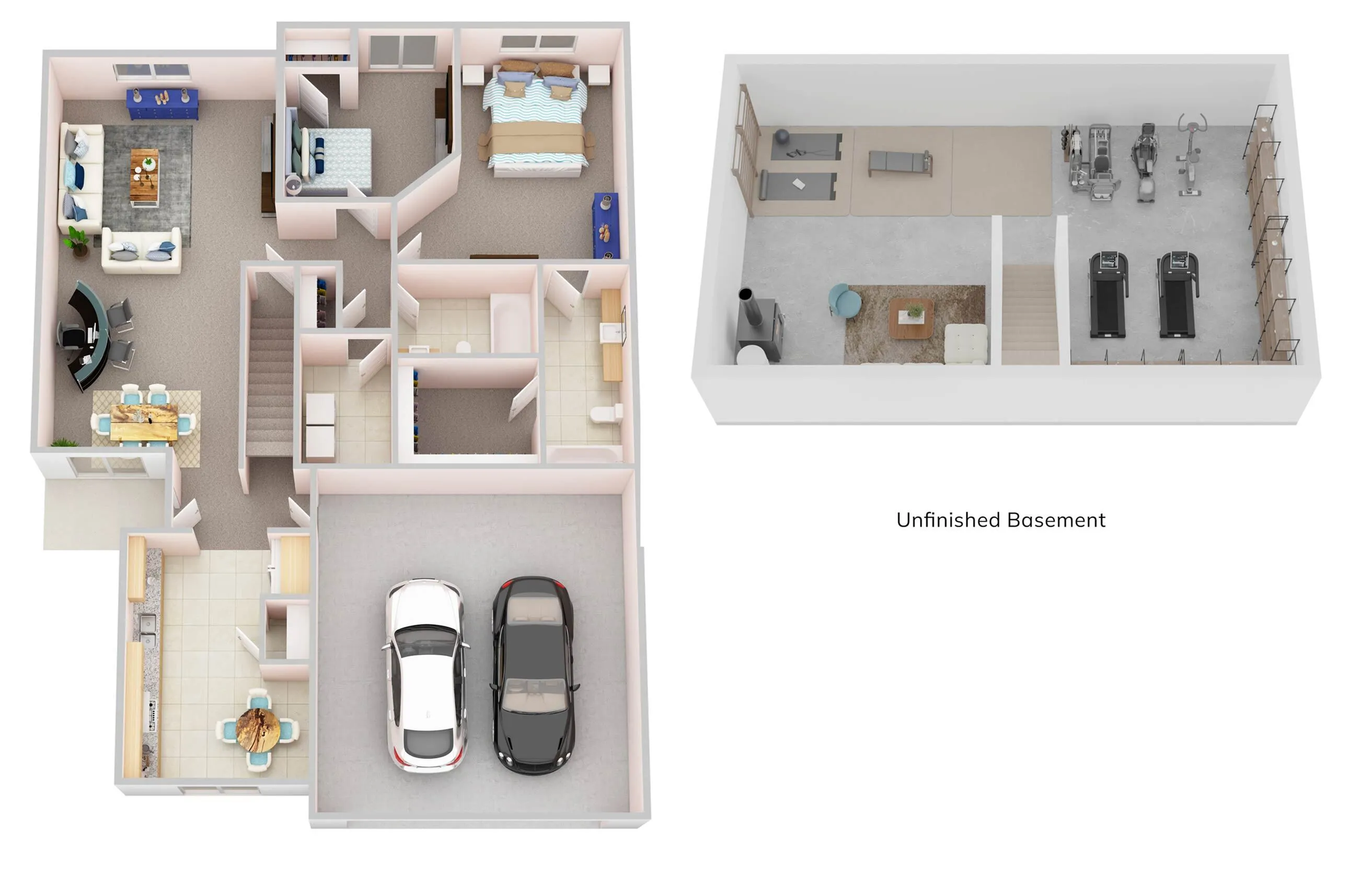 Charming floor plan showcasing 2 bedrooms, open living area, sleek kitchen, and unfinished basement with gym space, plus a convenient two-car garage.
